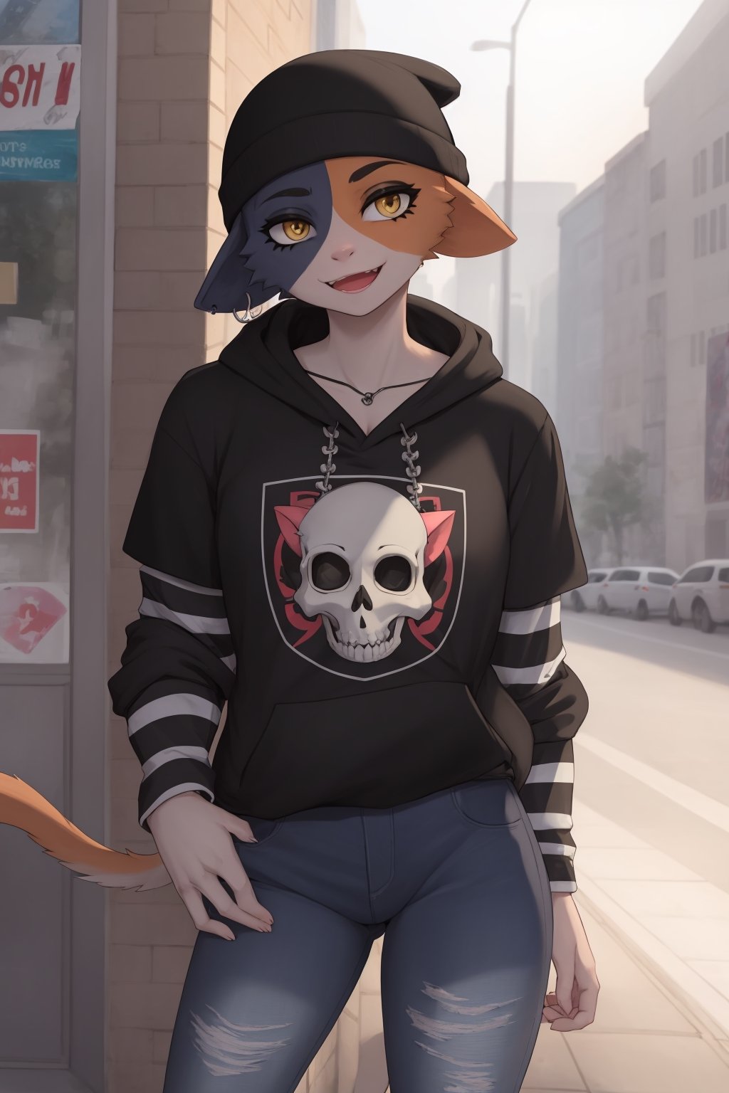 masterpiece, best quality, facial portrait of a female anthro meow skull, detailed face, detailed eyes,  cropped pupils, happy, detailed , [smile, [spiked necklace], standing, standing, looking at the viewer, outside, neighborhood in the background, coquettish expression, somewhat large thighs,posing, Winking eye,beanie,amber/yellow eyes,black eyeshadow,cat ears,fish hook piercing,black hoodie,striped sleeves,necklace,bandolier,black jeans, torn jeans,wallet chain,cat tail,meowskulls