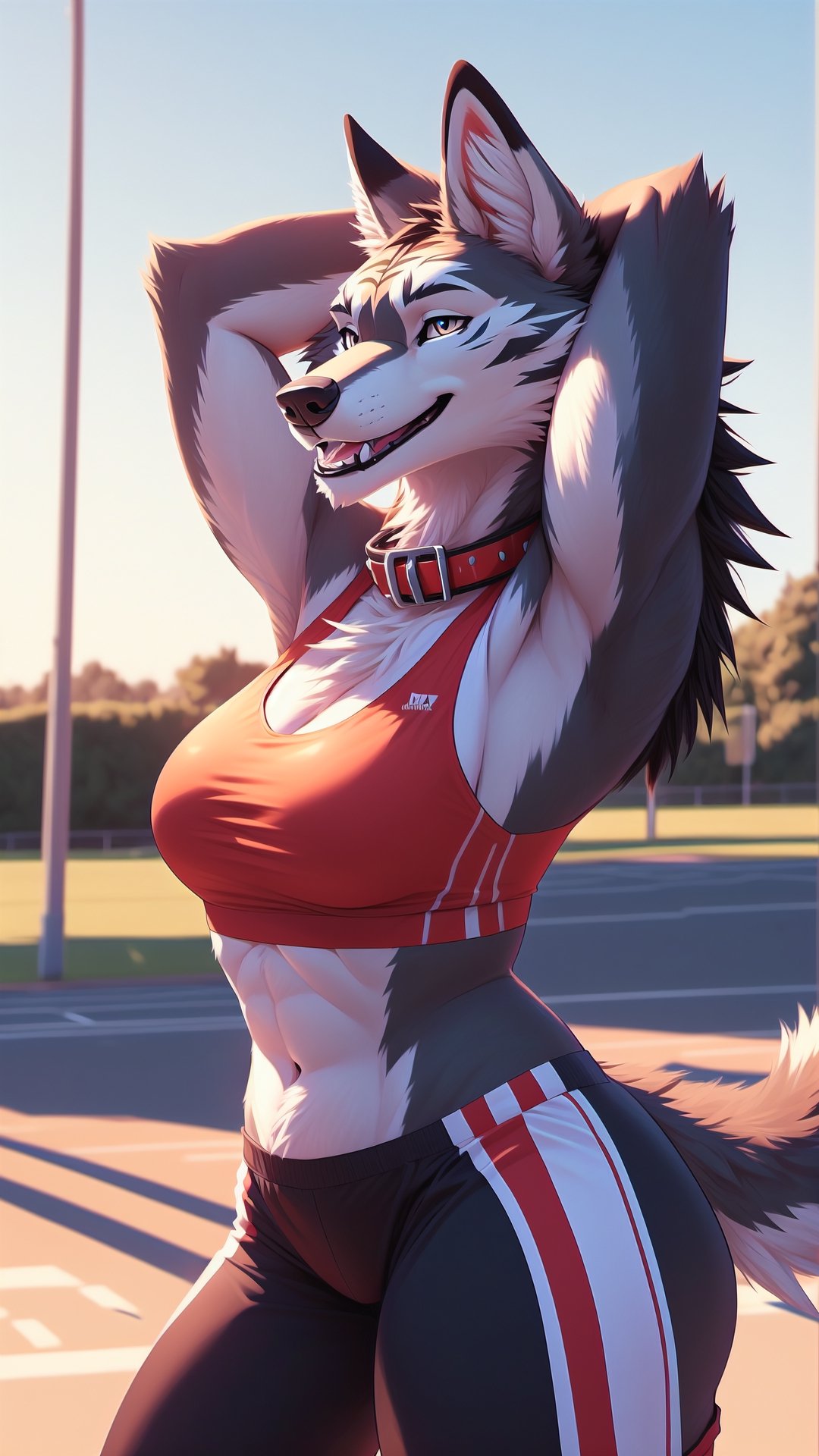 Solo, furry, anthro, wolf, wolf, black body, white body, black fur, white fur, red tiger markings, regular_breasts , spike_collar, perfect_eyes, perfect_curvy_figure, Standing, posing, hands behind head, perfect_hands, seductive look,smiling,outdoors, tail, wolf, nj5furry, sports bra and sports leggings, yawning ,Marlok artstyle 