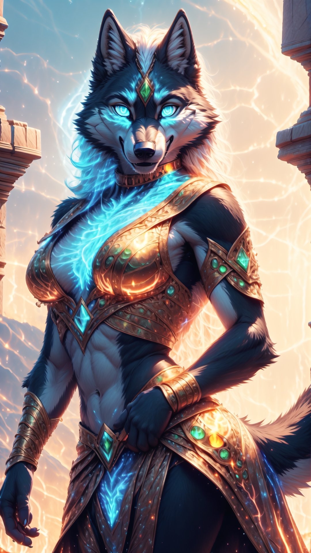 Solo, furry, anthro, wolf, wolf, black body, white body, black fur, white fur, long white hair, green glowing eyes, b, regular_breasts , spike_collar, perfect_eyes, perfect_body, Standing perfect_hands, seductive look,smiling,outdoors, tail, wolf ,nj5furry, ancient greek outfit,High detailed ,Marlok artstyle 