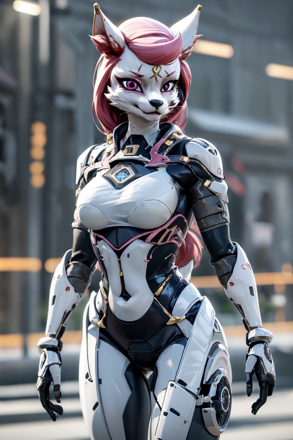 RAW photo, Best picture quality, high resolution, HDR, highres, (absurdres:1.2), realistic, sharp focus, realistic image of elegant furry anthro woman, beauty, supermodel, pink hair, bright pink eyes, wearing high-tech cyberpunk style blue mecha suit, radiant Glow, sparkling suit, mecha, perfectly customized high-tech suit, ice theme, custom design, 1 girl,furry, anthro, fox,white fur, body fur, fox face, fox girl, furry fox, swordup, looking at viewer, robot, lens flare, (vibrant color:1.2),1girl, hourglass body shape,kimiko