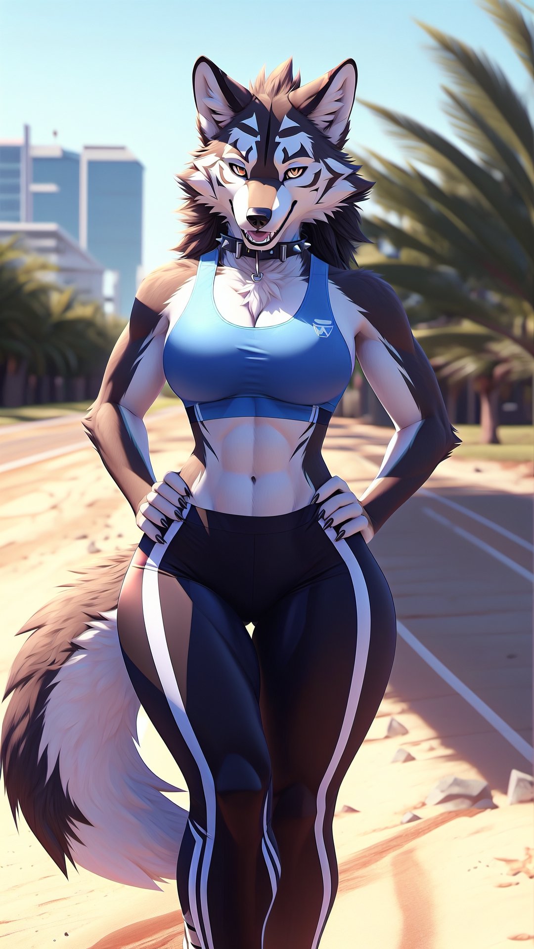 Solo, furry, anthro, wolf, wolf, black body, white body, black fur, white fur, red tiger markings, regular_breasts , spike_collar, perfect_eyes, perfect_curvy_figure, Standing, posing, hands on hips, perfect_hands, seductive look,smiling,outdoors, tail, ice_wolf_(species),nj5furry, sports bra and sports leggings, yawning ,hourglass body shape