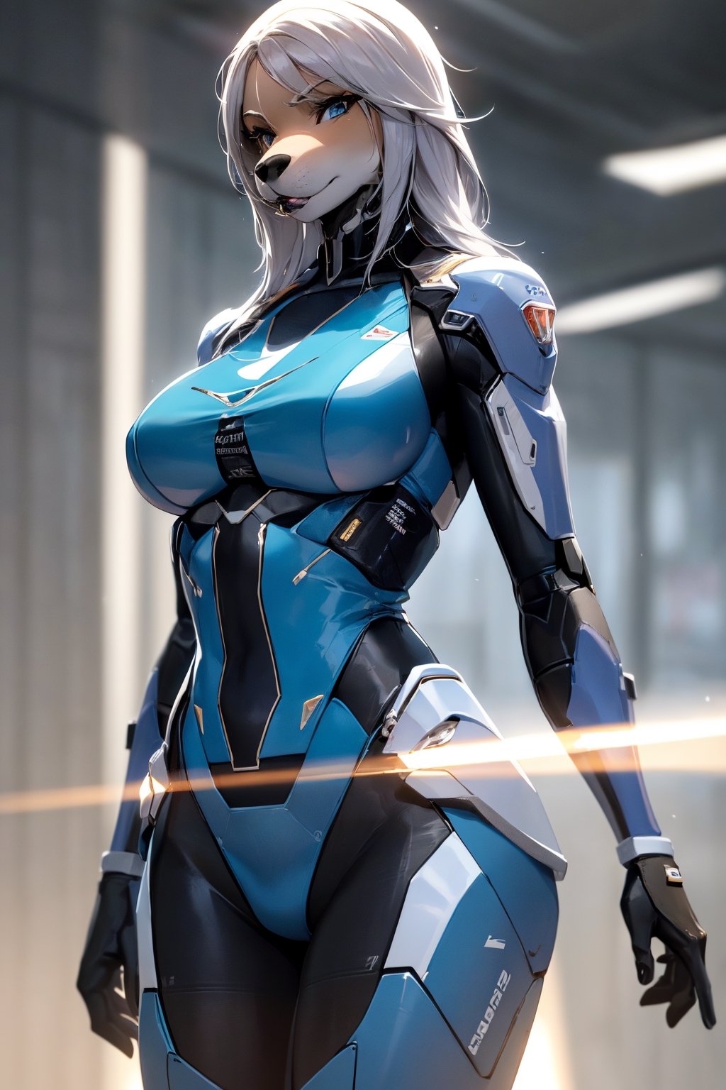 RAW photo, Best picture quality, high resolution, HDR, highres, (absurdres:1.2), realistic, sharp focus, realistic image of elegant furry anthro woman, beauty, supermodel, pure white hair, blue eyes, wearing high-tech cyberpunk style blue mecha suit, radiant Glow, sparkling suit, mecha, perfectly customized high-tech suit, ice theme, custom design, 1 girl,furry, anthro, suki lane, dog girl, furry dog, dog face, body fur, furry, swordup, looking at viewer, robot,  lens flare, (vibrant color:1.2),1girl, hourglass body shape,sukilane