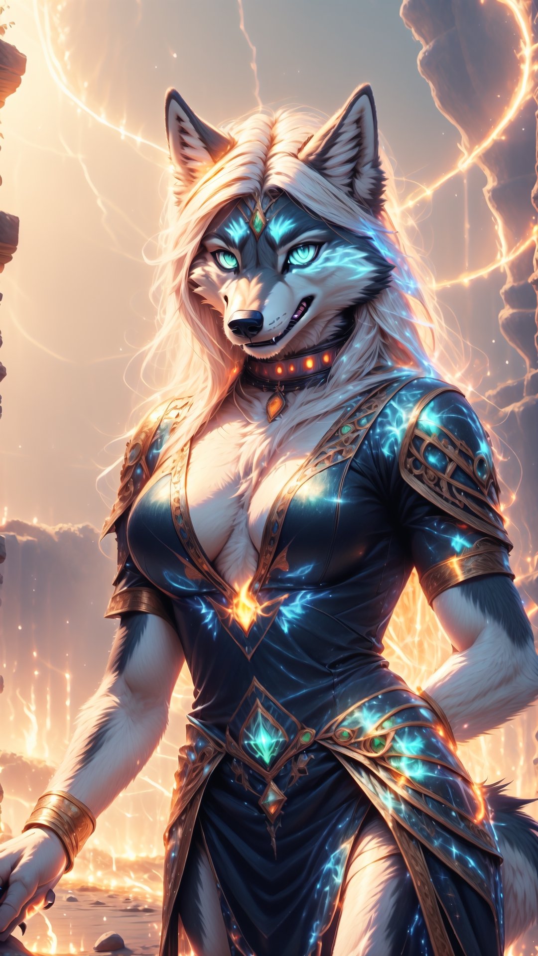 Solo, furry, anthro, wolf, wolf, black body, white body, black fur, white fur, long white hair, green glowing eyes, b, regular_breasts , spike_collar, perfect_eyes, perfect_body, Standing perfect_hands, seductive look,smiling,outdoors, tail, wolf ,nj5furry, ancient greek outfit,High detailed ,Marlok artstyle 