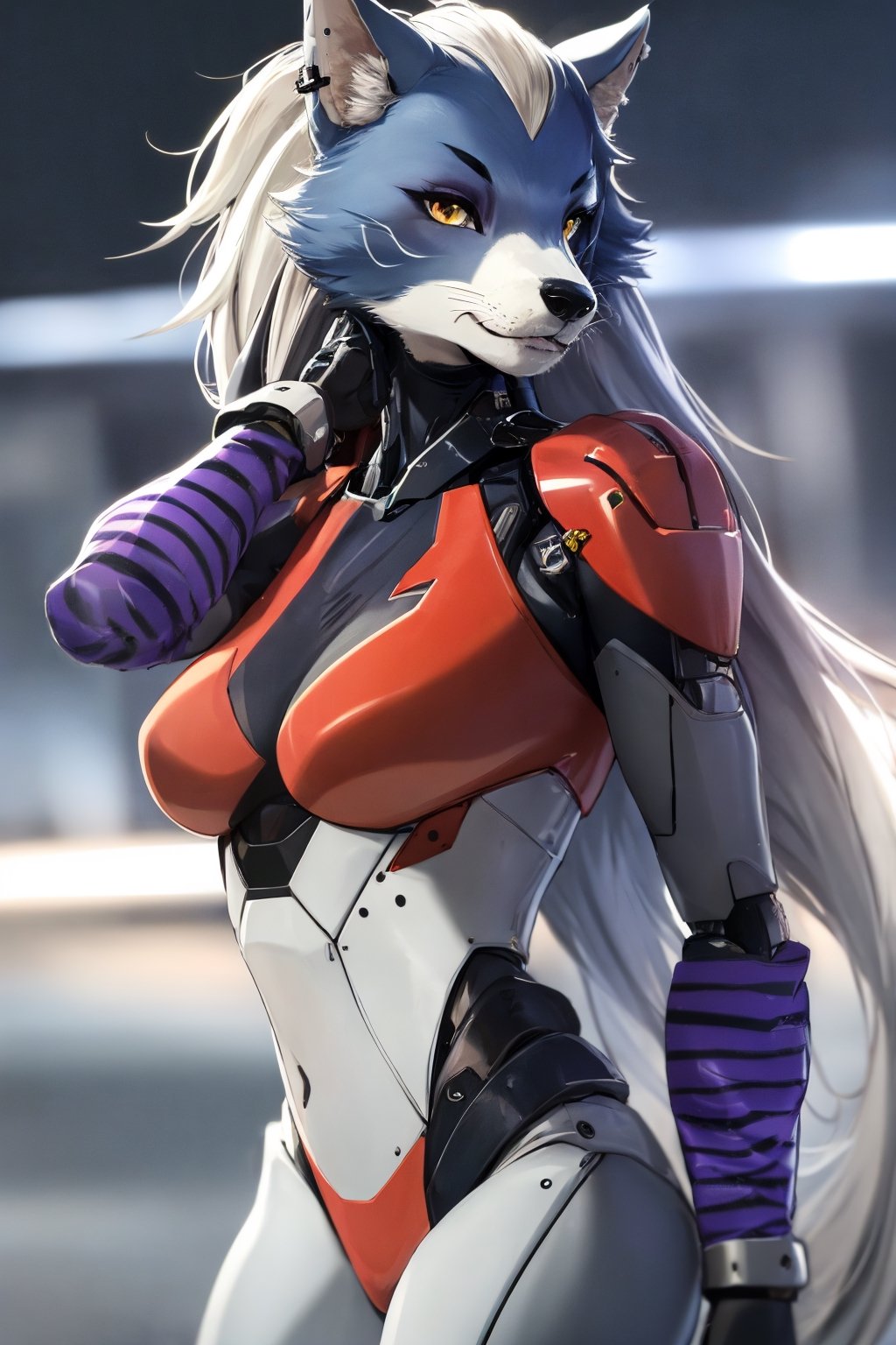 RAW photo, Best picture quality, high resolution, HDR, highres, (absurdres:1.2), realistic, sharp focus, realistic image of elegant furry anthro woman, beauty, supermodel, pure white hair with green, red eyes, wearing high-tech cyberpunk style blue mecha suit, radiant Glow, sparkling suit, mecha, perfectly customized high-tech suit, ice theme, custom design, 1 girl,furry, anthro, wolf,dark grey fur, white fur, body fur, wolf face, wolf girl, furry wolf, swordup, looking at viewer, robot,  lens flare, (vibrant color:1.2),1girl, hourglass body shape,fnafroxanne