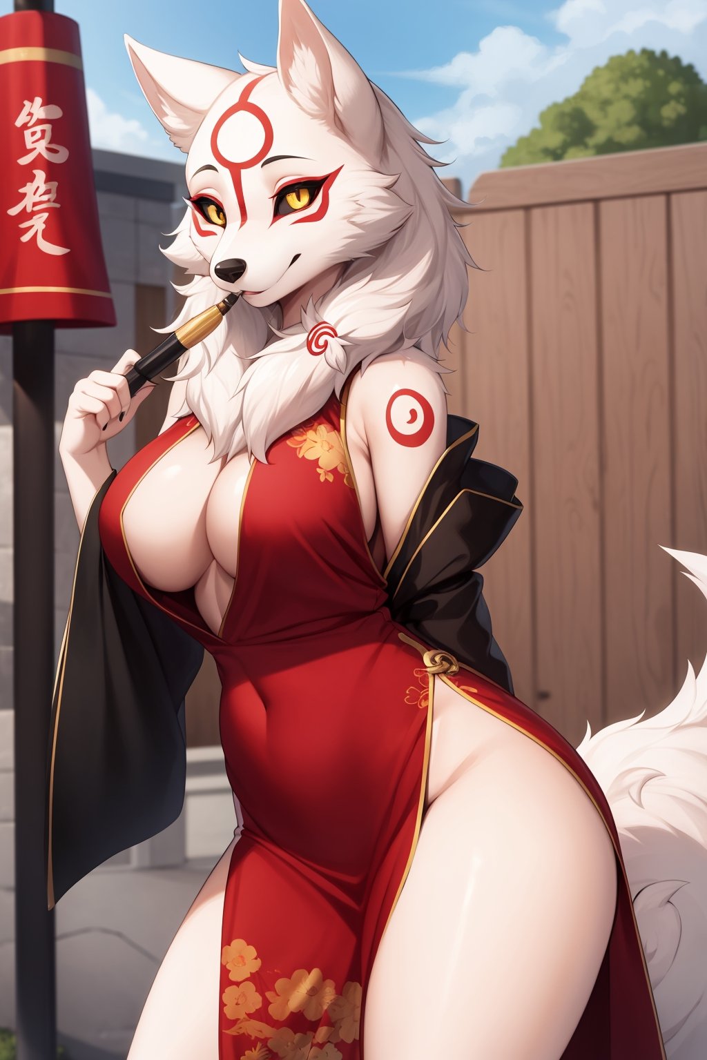 masterpiece, best quality, facial portrait of a female anthro amaterasu, detailed face, detailed eyes, cropped pupils, happy, tight slited chinese dress, tight and detailed slited chinese dress, [smile, standing, standing, looking at the viewer, outside, neighborhood in the background, coquettish expression, somewhat large thighs,posing, Winking eye,amaterasu, wolf girl,white body/furred markings/tattoo,black sclera, yellow eyes,tuft, shoulder tuft, leg tuft, ink brush tail