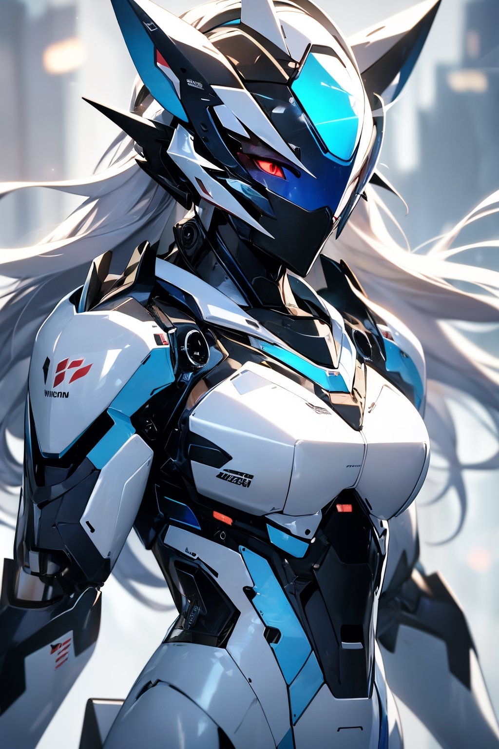 RAW photo, Best picture quality, high resolution, HDR, highres, (absurdres:1.2), realistic, sharp focus, realistic image of elegant furry anthro woman, beauty, supermodel, pure white hair with green, red eyes, wearing high-tech cyberpunk style blue mecha suit, radiant Glow, sparkling suit, mecha, perfectly customized high-tech suit, ice theme, custom design, 1 girl,furry, anthro, wolf,dark grey fur, white fur, body fur, wolf face, wolf girl, furry wolf, swordup, looking at viewer, robot,  lens flare, (vibrant color:1.2),1girl, hourglass body shape,FurryCore