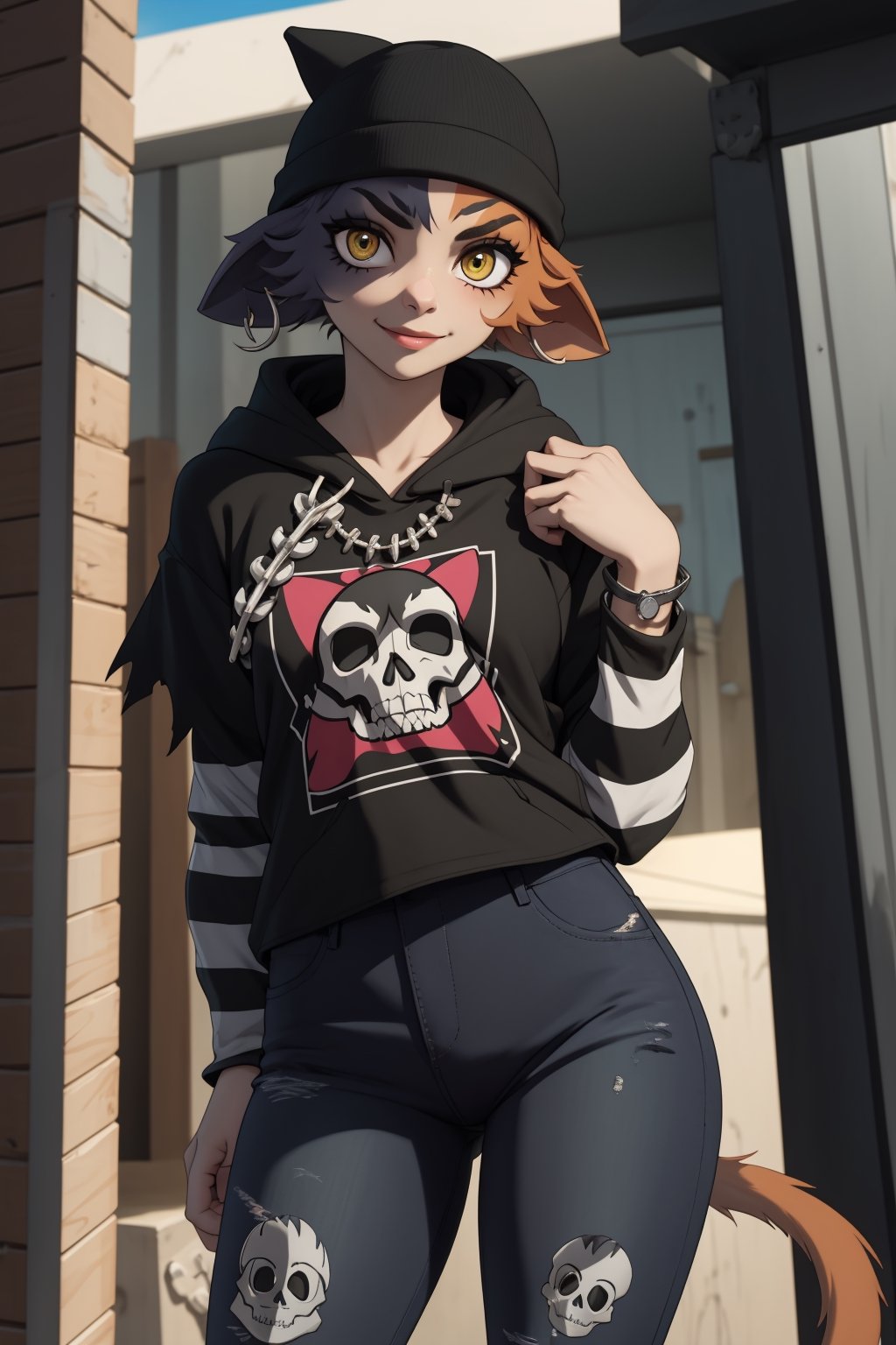 masterpiece, best quality, facial portrait of a female anthro meow skull, detailed face, detailed eyes,  cropped pupils, happy, detailed , [smile, [spiked necklace], standing, standing, looking at the viewer, outside, neighborhood in the background, coquettish expression, somewhat large thighs,posing, Winking eye,beanie,amber/yellow eyes,black eyeshadow,cat ears,fish hook piercing,black hoodie,striped sleeves,necklace,bandolier,black jeans, torn jeans,wallet chain,cat tail,meowskulls