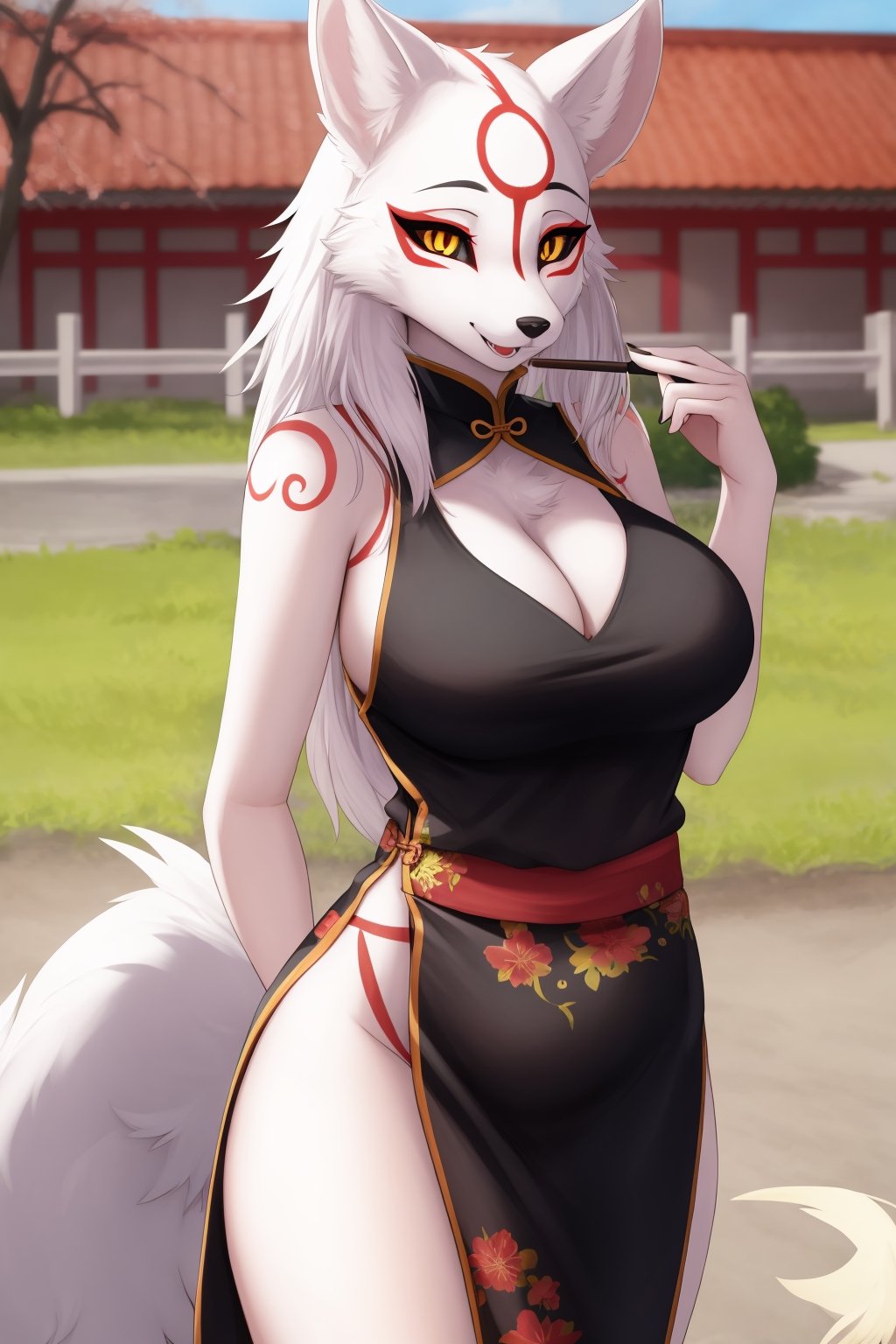 masterpiece, best quality, facial portrait of a female anthro amaterasu, detailed face, detailed eyes, cropped pupils, happy, tight slited chinese dress, tight and detailed slited chinese dress, [smile, standing, standing, looking at the viewer, outside, neighborhood in the background, coquettish expression, somewhat large thighs,posing, Winking eye,amaterasu, wolf girl,white body/furred markings/tattoo,black sclera, yellow eyes,tuft, shoulder tuft, leg tuft, ink brush tail