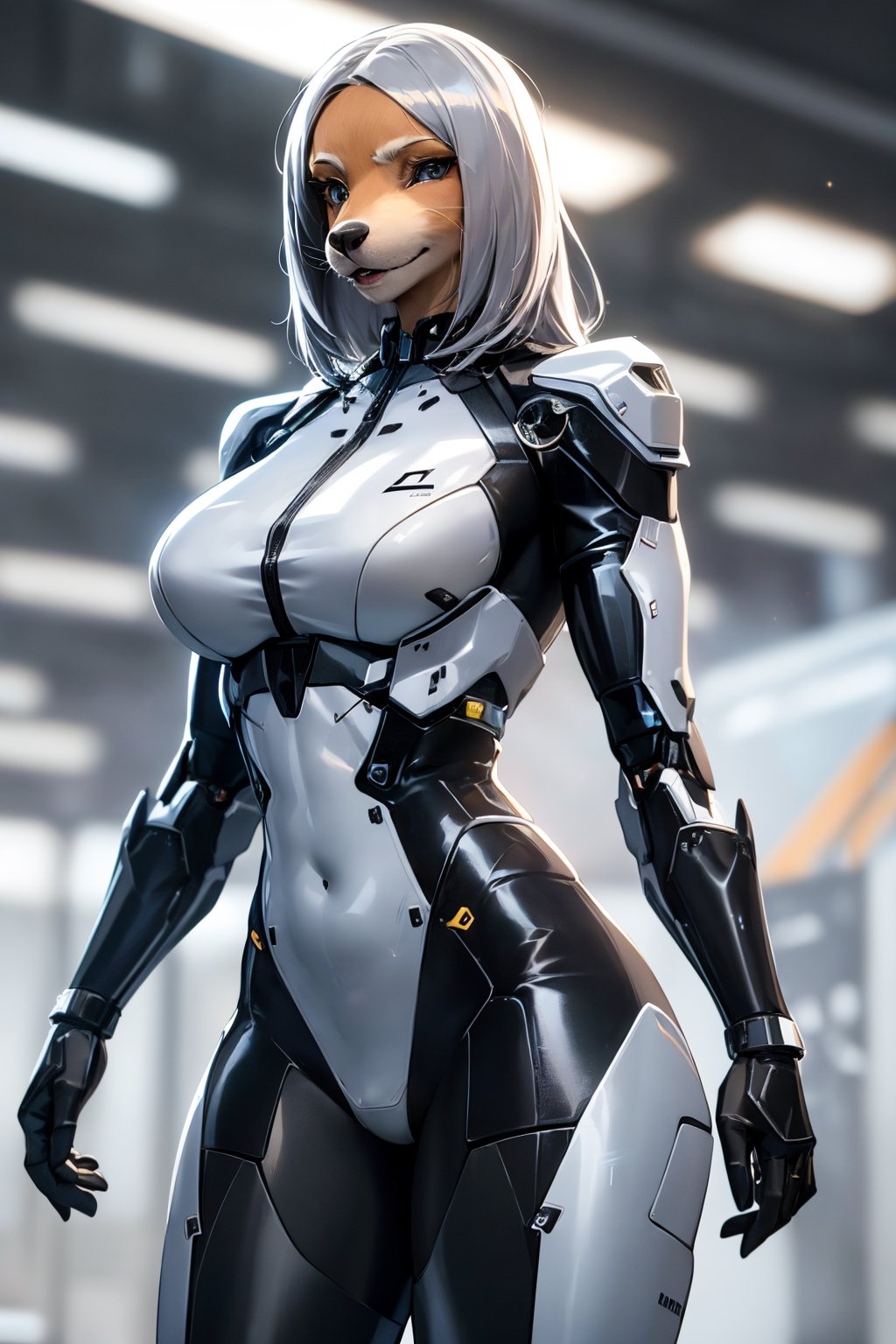 RAW photo, Best picture quality, high resolution, HDR, highres, (absurdres:1.2), realistic, sharp focus, realistic image of elegant furry anthro woman, beauty, supermodel, pure white hair, blue eyes, wearing high-tech cyberpunk style blue mecha suit, radiant Glow, sparkling suit, mecha, perfectly customized high-tech suit, ice theme, custom design, 1 girl,furry, anthro, suki lane, dog girl, furry dog, dog face, body fur, furry, swordup, looking at viewer, robot,  lens flare, (vibrant color:1.2),1girl, hourglass body shape,sukilane