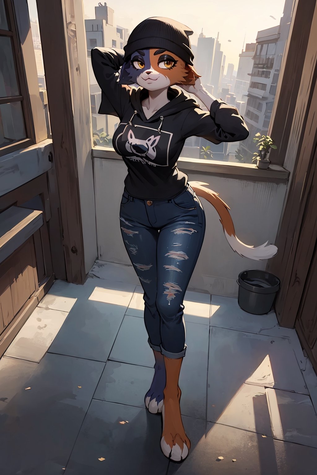 Uploaded on e621, by Pixelsketcher, by Bayard Wu, by Thomas Benjamin Kennington, by Einshelm, solo anthro, ((full body portrait)), (( wearing cropped hoodie and tight denim short)), (detailed Bonifasko lighting), (detailed fur), (detailed skin), ((wearing cropped hoodie and tight denim short)), ((facing viewer )), (cinematic lighting), ((detailed city background)), ((full body view)), ((from above)) (((portrait view))), ((full body)), (half shadow), [backlighting], [crepuscular ray], [detailed ambient light], [grey natural lighting], [ambient light], (higher wildlife feral detail), [sharp focus], (questionable content), (shaded), ((masterpiece), regular featureless breasts, breasts, furry cat, cat face, Furry Fantasy Art, Anthro Art, Commission for High Res, Furry Art, furry Art, Sakimichan beautiful, masterpiece, regular featureless breasts, best quality, detailed image, bright colors, detailed face, perfect lighting, perfect shadows, perfect eyes, girl focus, cat eyes, flawless face, regular featureless breasts, gorgeous, shiny face, face focus, cat ears, cat girl, fluffy, fluffy woman, face fur, animal nose, muzzle, one-tone fur, gaze at the viewer, half-closed eyes, 1girl, solo, full face only, (masterpiece), (best quality), (illustration), (cinematic lighting), detailed fur, balanced coloring, global illumination, ray tracing, good lighting, cat, furry, anthro, attractive face, sexy face, looking at viewer, seductive look, full body picture, perfect legs, meowskulls , detailed hoodie and denim short, Marlok artstyle,Marlok artstyle , beautiful girl ,hourglass body shape, posing, hands behind head,meowskulls