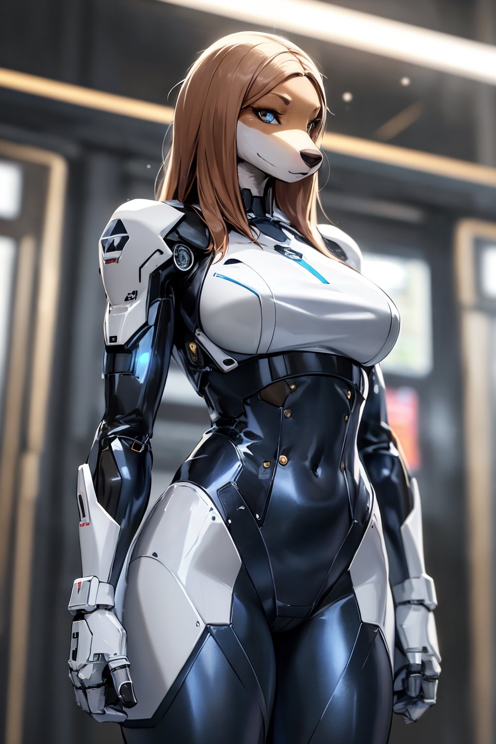 RAW photo, Best picture quality, high resolution, HDR, highres, (absurdres:1.2), realistic, sharp focus, realistic image of elegant furry anthro woman, beauty, supermodel, pure white hair, blue eyes, wearing high-tech cyberpunk style blue mecha suit, radiant Glow, sparkling suit, mecha, perfectly customized high-tech suit, ice theme, custom design, 1 girl,furry, anthro, suki lane, dog girl, furry dog, dog face, body fur, furry, swordup, looking at viewer, robot,  lens flare, (vibrant color:1.2),1girl, hourglass body shape,sukilane