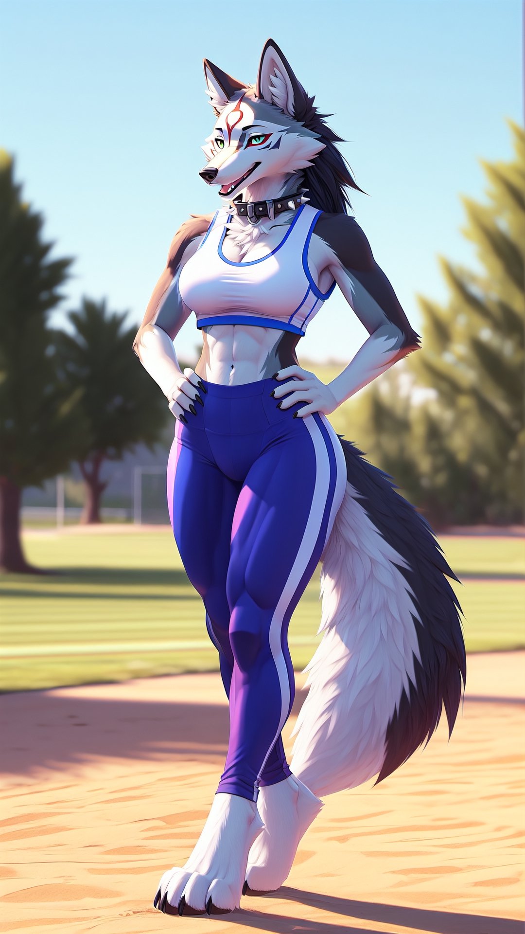 Solo, furry, anthro, wolf, wolf, black body, white body, black fur, white fur, amaterasu markings, regular_breasts , spike_collar, perfect_eyes, perfect_curvy_figure, Standing, posing, hands on hips, perfect_hands, seductive look,smiling,outdoors, tail, ice_wolf_(species),nj5furry, sports bra and sports leggings, yawning ,hourglass body shape