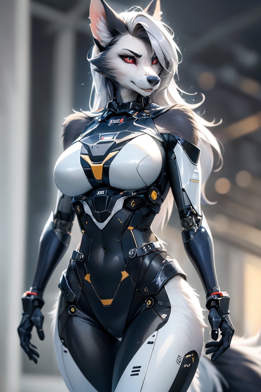 RAW photo, Best picture quality, high resolution, HDR, highres, (absurdres:1.2), realistic, sharp focus, realistic image of elegant furry anthro woman, beauty, supermodel, pure white hair with green, red eyes, wearing high-tech cyberpunk style blue mecha suit, radiant Glow, sparkling suit, mecha, perfectly customized high-tech suit, ice theme, custom design, 1 girl,furry, anthro, wolf,dark grey fur, white fur, body fur, wolf face, wolf girl, furry wolf, swordup, looking at viewer, robot,  lens flare, (vibrant color:1.2),1girl, hourglass body shape