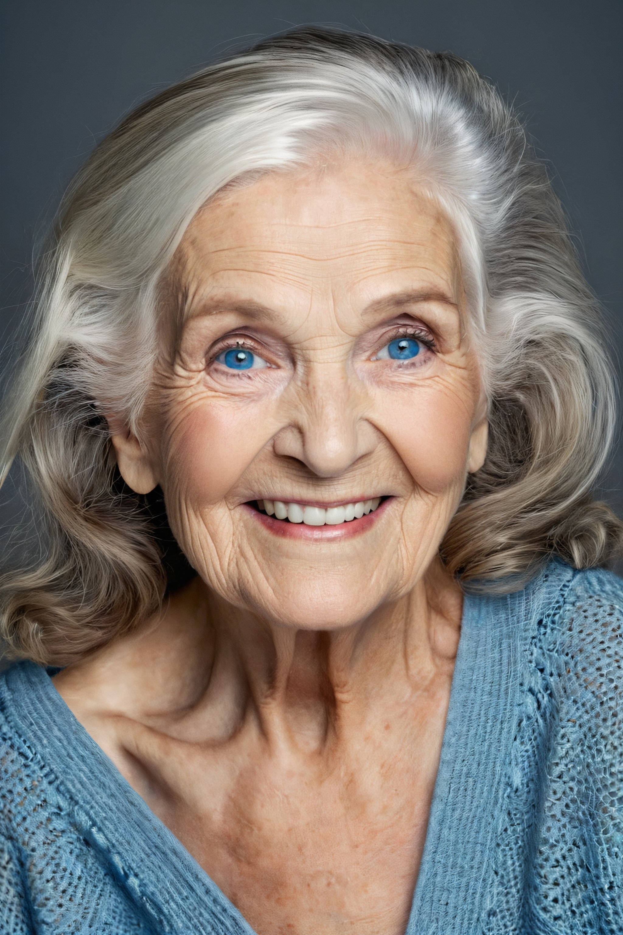 beautiful model a 90 years old granny light smile, long hair, dark makeup, blue eyes, half body naked , hyperdetailed photography, soft light, 16k, photo r3al, studio photography light gray background for magazine