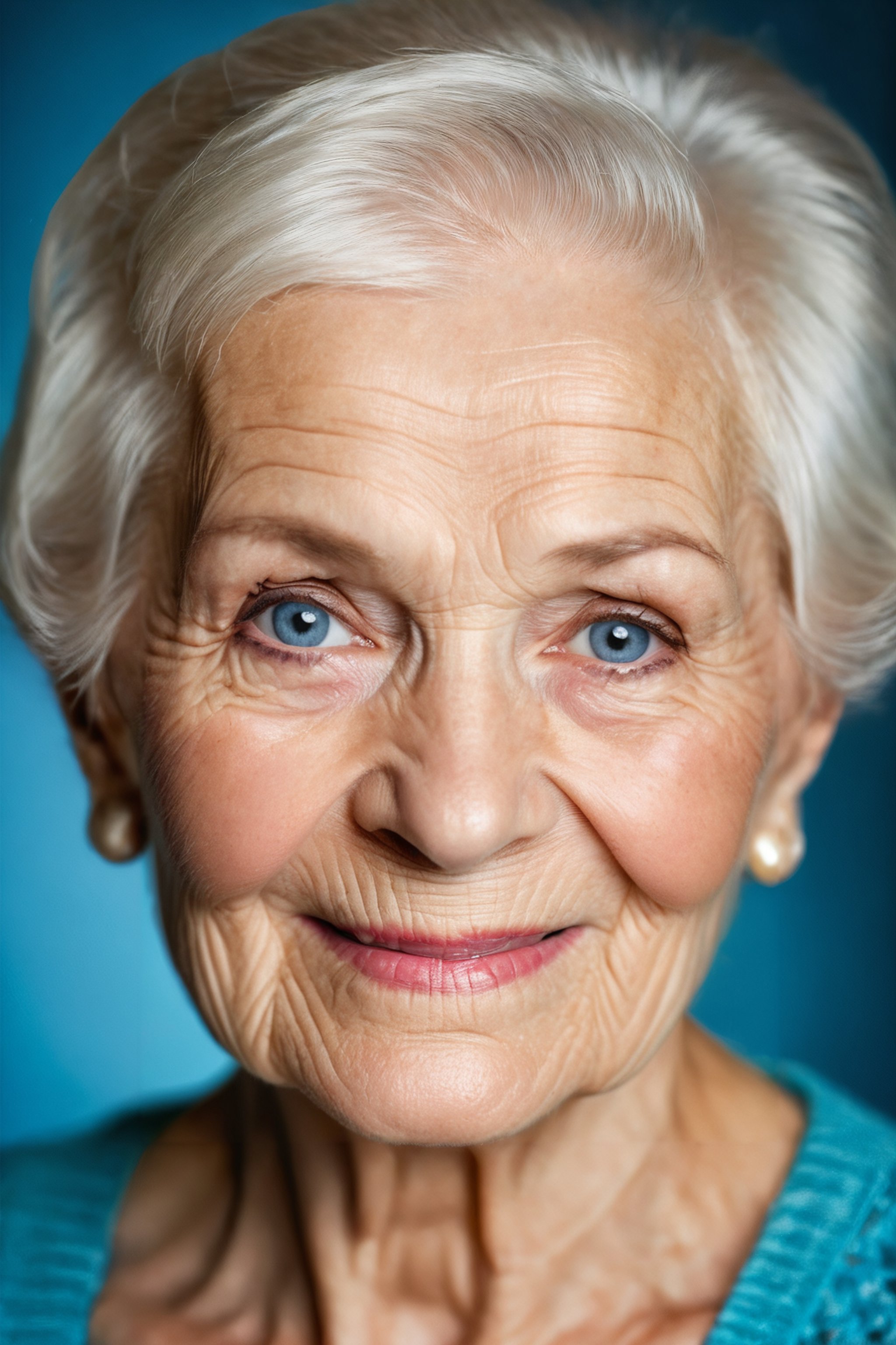 beautiful slim model a 99 years oldest grandmother light smile, eyes and lips, she became more beautiful, perfect white all teeth, with wrinkles, very short straight hair, black makup, blue eyes, half body naked, bokeh, big sagging breasts, hyperdetailed photography, soft light, 16k, photo r3al, studio photography light gray background 