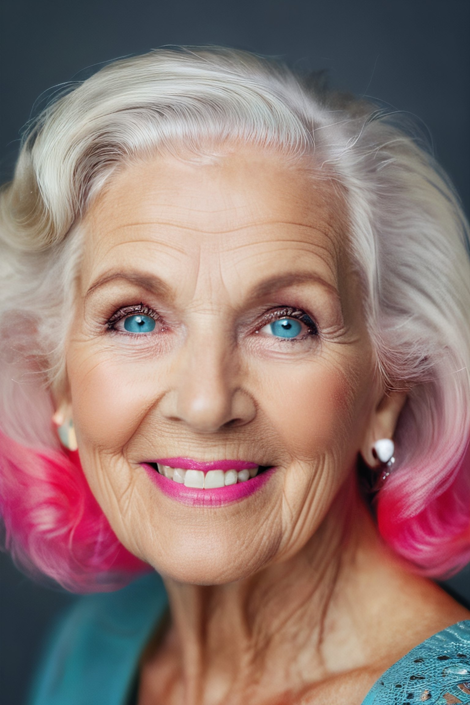 beautiful model a 80 years old granny smiling, long hair, blue eyes, half body, hyperdetailed photography, soft light, photo r3al, studio photography light gray background for magazine, bokeh, dark makeup with full glam neon pink and chrome CANON 5D MK IV on 35mm Portra, aperture f2.8, 8K, sparkling liquid, full ambient lighting pink atmosphere, predominant red color atmosphere.