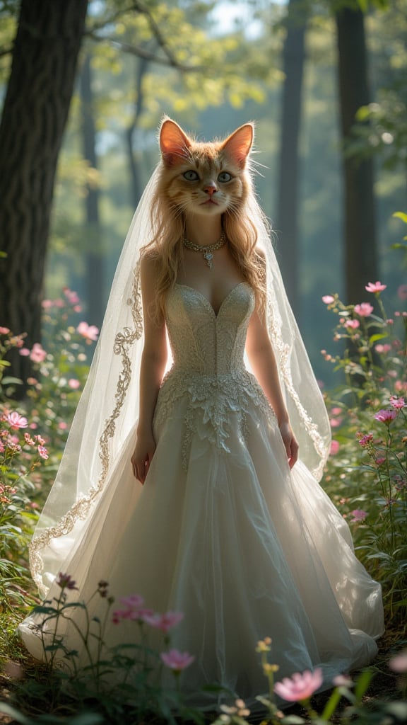 Midjourney_Whisper. A whimsical, anthropomorphic feline bride stands poised in a lush, sunlit forest glade. She is resplendent in a flowing white wedding ballgown, adorned with delicate lace and sparkling embellishments. A long, ethereal veil cascades down her back, catching the gentle breeze and shimmering in the dappled sunlight filtering through the canopy. Her fur is soft and glossy, and her eyes sparkle with joy and anticipation. The forest around her is alive with vibrant greenery and blooming flowers, creating a magical backdrop for her special day.

