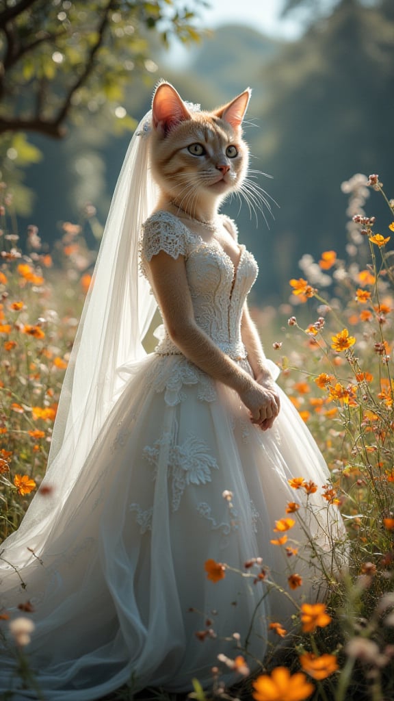 Midjourney_Whisper. A whimsical, anthropomorphic cat bride stands elegantly in a bright, sunlit forest glade. She wears a stunning white wedding ballgown adorned with delicate lace and intricate beadwork. Her long, flowing veil cascades down her back, catching the gentle breeze and shimmering in the sunlight. The cat brides fur is sleek and glossy, her eyes sparkling with joy and anticipation. Surrounding her are vibrant wildflowers and lush greenery, creating a magical, fairytale-like atmosphere.

