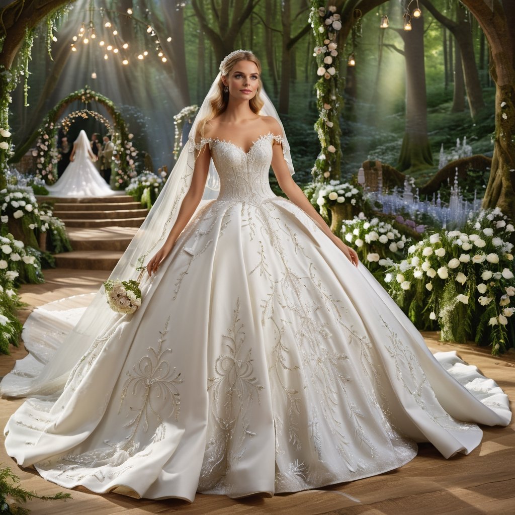 Light spills through the enchanted forest, illuminating a vision in a flowing white wedding ballgown. Delicate embroidery shimmers with every step, and a cathedral veil cascades down her back like a waterfall of moonlight. A radiant bride, ready to begin her happily ever after in this magical fairyland