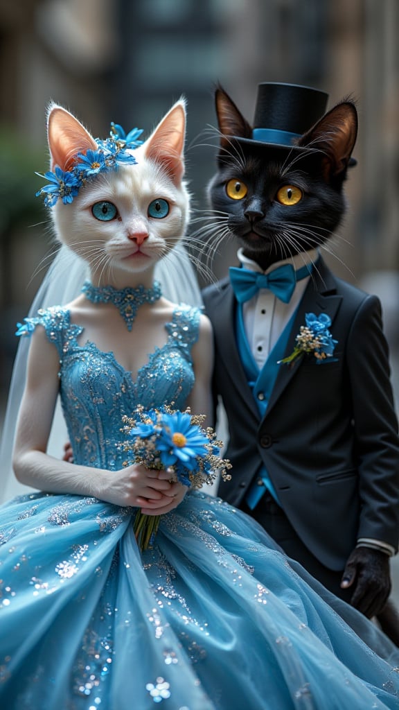 Midjourney_Whisper. The bride, a regal feline with sparkling emerald eyes, is resplendent in a flowing blue wedding ballgown. The dress, adorned with delicate lace and shimmering sequins, cascades down to her dainty paws. Her whiskers are elegantly curled, and a tiara of tiny blue flowers sits atop her glossy fur. The groom, a dapper tomcat with sleek black fur, wears a tailored tuxedo with a blue bow tie that matches the brides gown. His golden eyes gleam with pride, and a small top hat perches jauntily on his head. Both cats exude an air of grace and happiness, ready to embark on their new life together.

