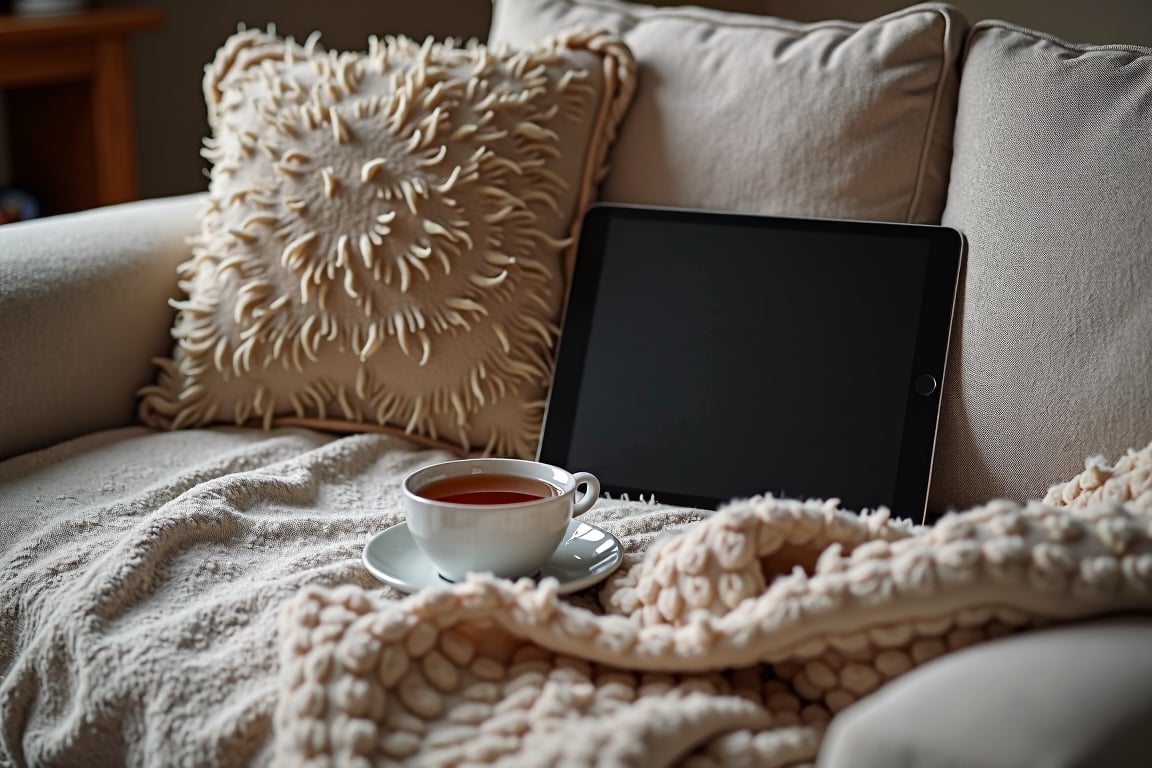 The tablet, on the right, is on a cozy sofa, next to a blanket and a cup of tea.