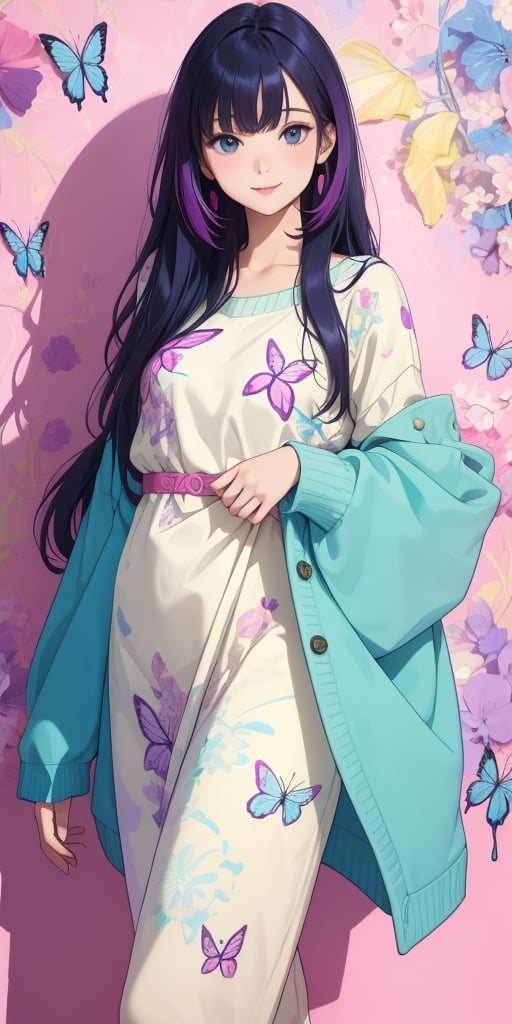 A young beauty leaned against the colorful walls in a popular-style private room with flat lines with butterfly patterns, kind smiles, bangs, long soft hair, detailed and realistic clothes, soft tones, only four colors, one ncg,