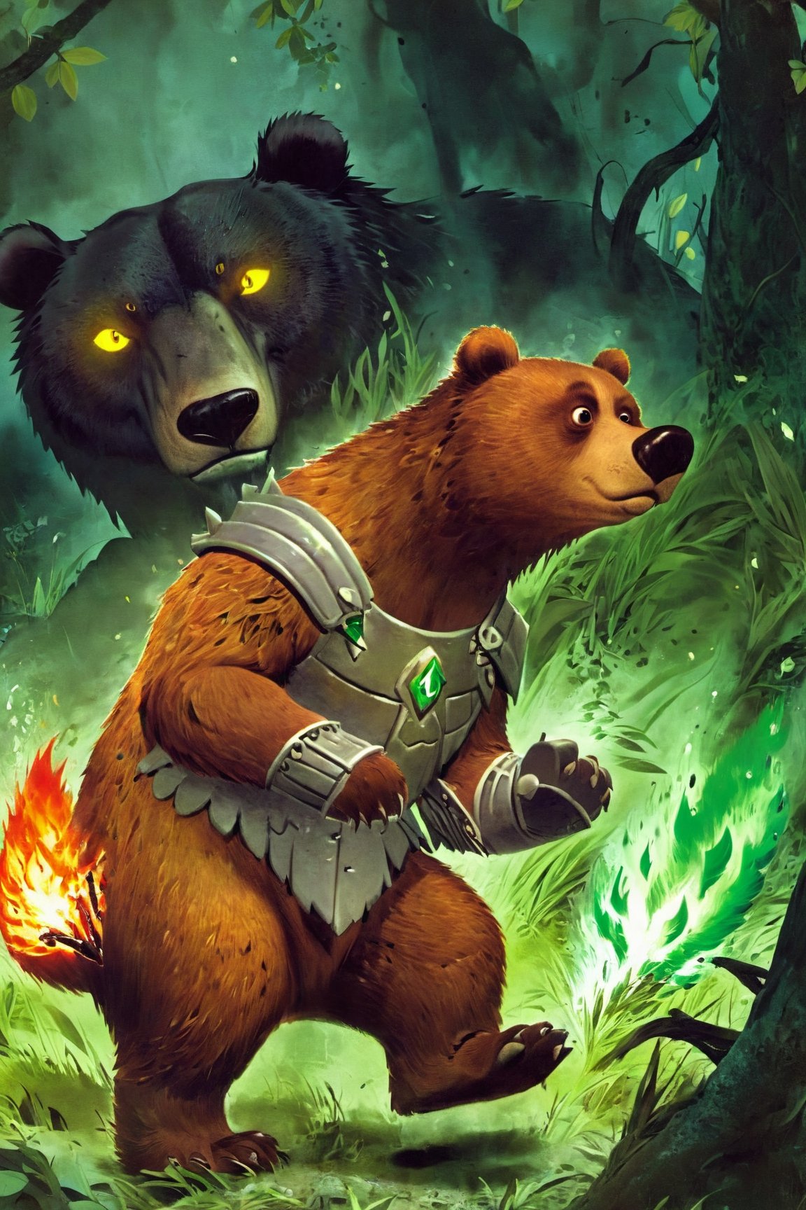 spartan style,A brown bear is wearing armor, its eyes are glowing green (study the surrounding glow), and its body is burning with fire. The brown bear roared to the left deep in the woods. Night, Mystery, More Detail XL, Monster, Leonardo Style,DonMBl00mingF41ryXL ,hdsrmr,Clay animation,HellAI,GUILD WARS