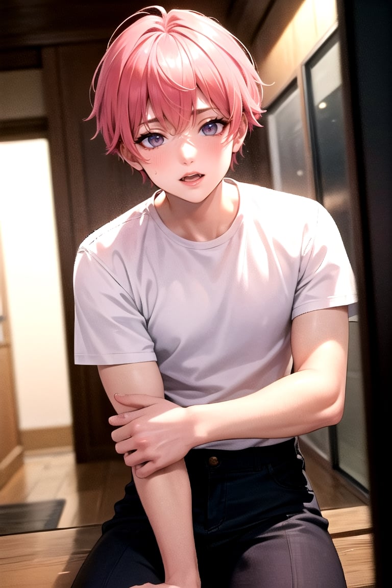 masterpiece, best quality, highly detailed background, perfect lighting, ((masterpiece)), depth of field, cinematic lighting, 1boy, male focus, Bamby, pink hair, solo, shirt, looking at viewer, pink eyes, smile, short hair, pants