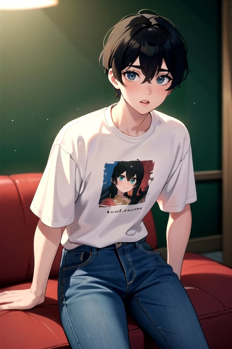 masterpiece, best quality, highly detailed background, perfect lighting, ((masterpiece)), depth of field, cinematic lighting, 1boy, Hamin, male focus, black hair, shirt, looking at viewer, hair between eyes, jeans,  green eyes,  eyes visible through hair,