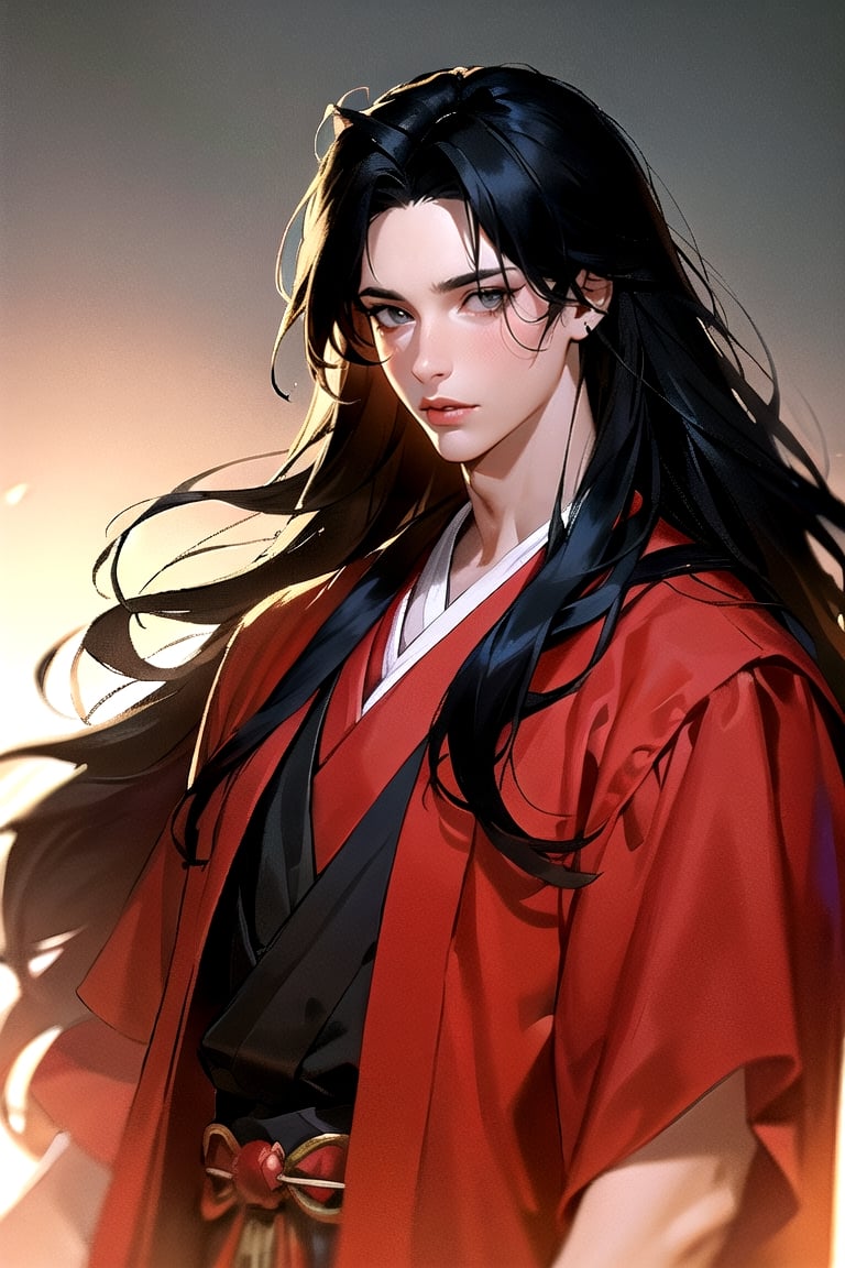 masterpiece, best quality, highly detailed background, perfect lighting, ((masterpiece)), depth of field, cinematic lighting, 1boy, male focus, black hair, long hair, forehead mark, facial mark, bishounen, looking at viewer, red eyes, hanfu, closed mouth, parted bangs, very long hair, black clothes, open clothes, abs, Luo BingHe