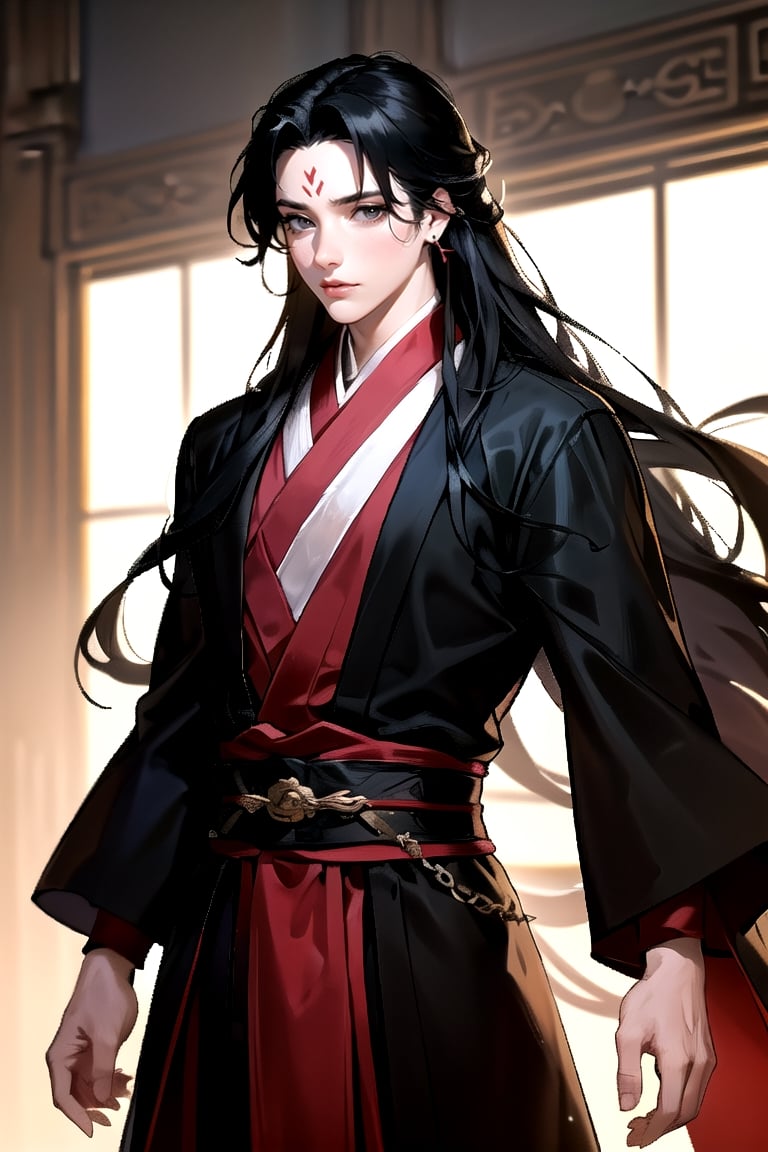 masterpiece, best quality, highly detailed background, perfect lighting, ((masterpiece)), depth of field, cinematic lighting, 1boy, male focus, black hair, long hair, forehead mark, facial mark, bishounen, looking at viewer, red eyes, hanfu, closed mouth, parted bangs, very long hair, black clothes, open clothes, abs, Luo BingHe