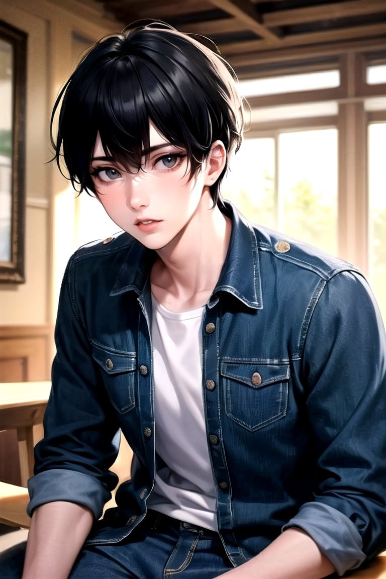 masterpiece, best quality, highly detailed background, perfect lighting, ((masterpiece)), depth of field, cinematic lighting, 1boy, Hamin, male focus, black hair, shirt, looking at viewer, hair between eyes, jeans,  green eyes,  eyes visible through hair,