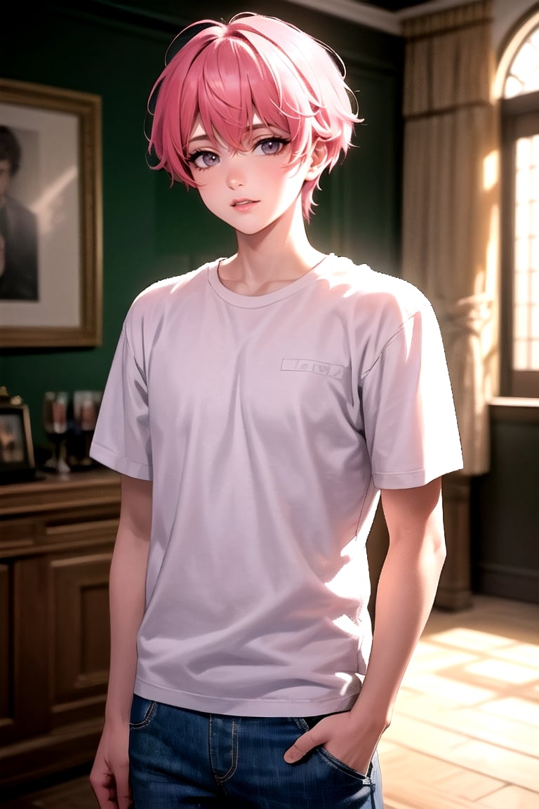 masterpiece, best quality, highly detailed background, perfect lighting, ((masterpiece)), depth of field, cinematic lighting, 1boy, male focus, Bamby, pink hair, solo, shirt, looking at viewer, pink eyes, smile, short hair, pants