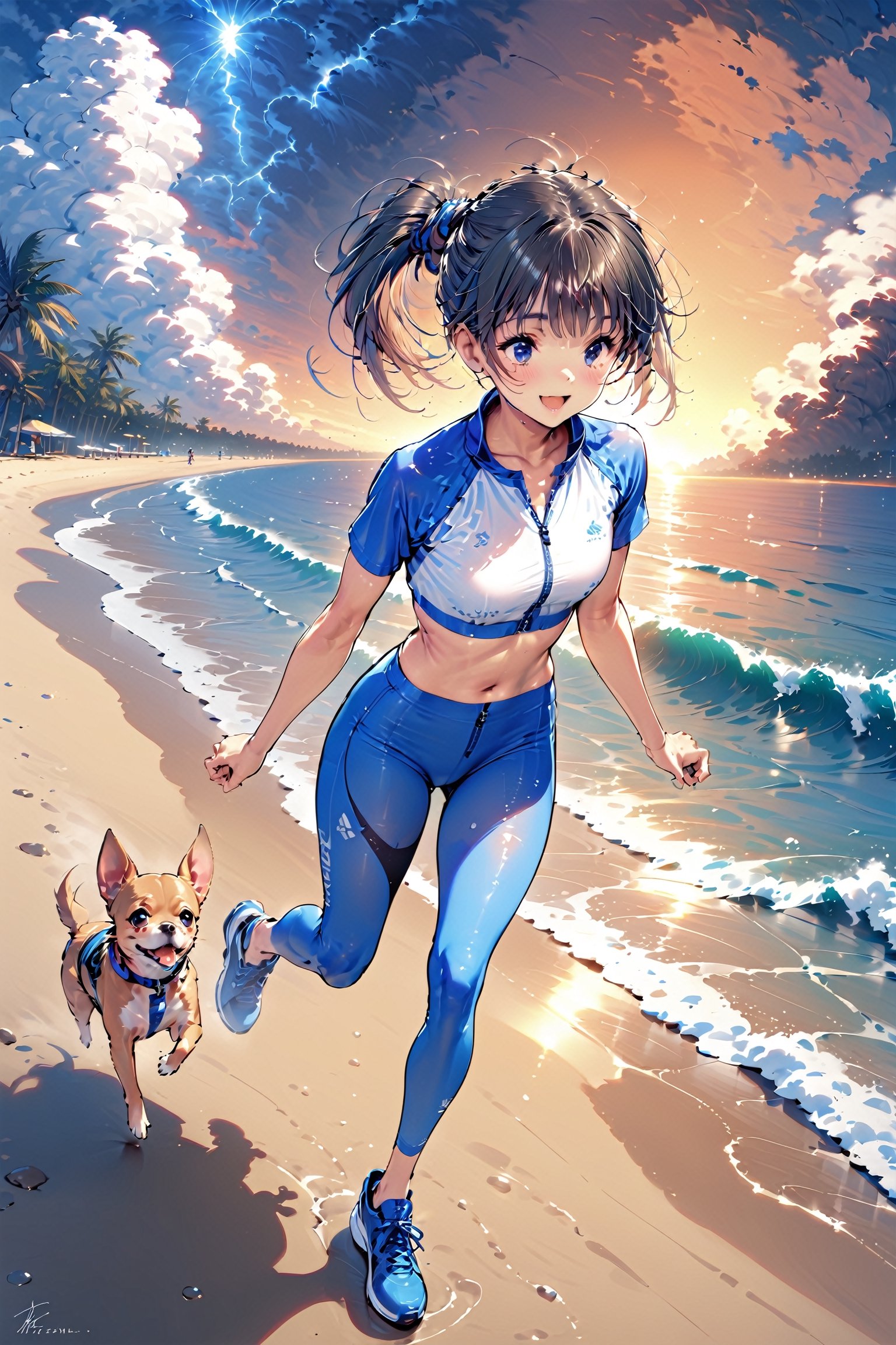 A girl stands at the water's edge on the beach, running with little Chihuahua,white Mesh Stitch Zip Front Crop T-shirt,Sports leggings,Black running shoes,blue pendant,with , The sky is a vibrant blue,sunset, but( signs of a storm),and the wind gently caresses the surroundings.masterpiece,best quality,smile, dynamic angle 