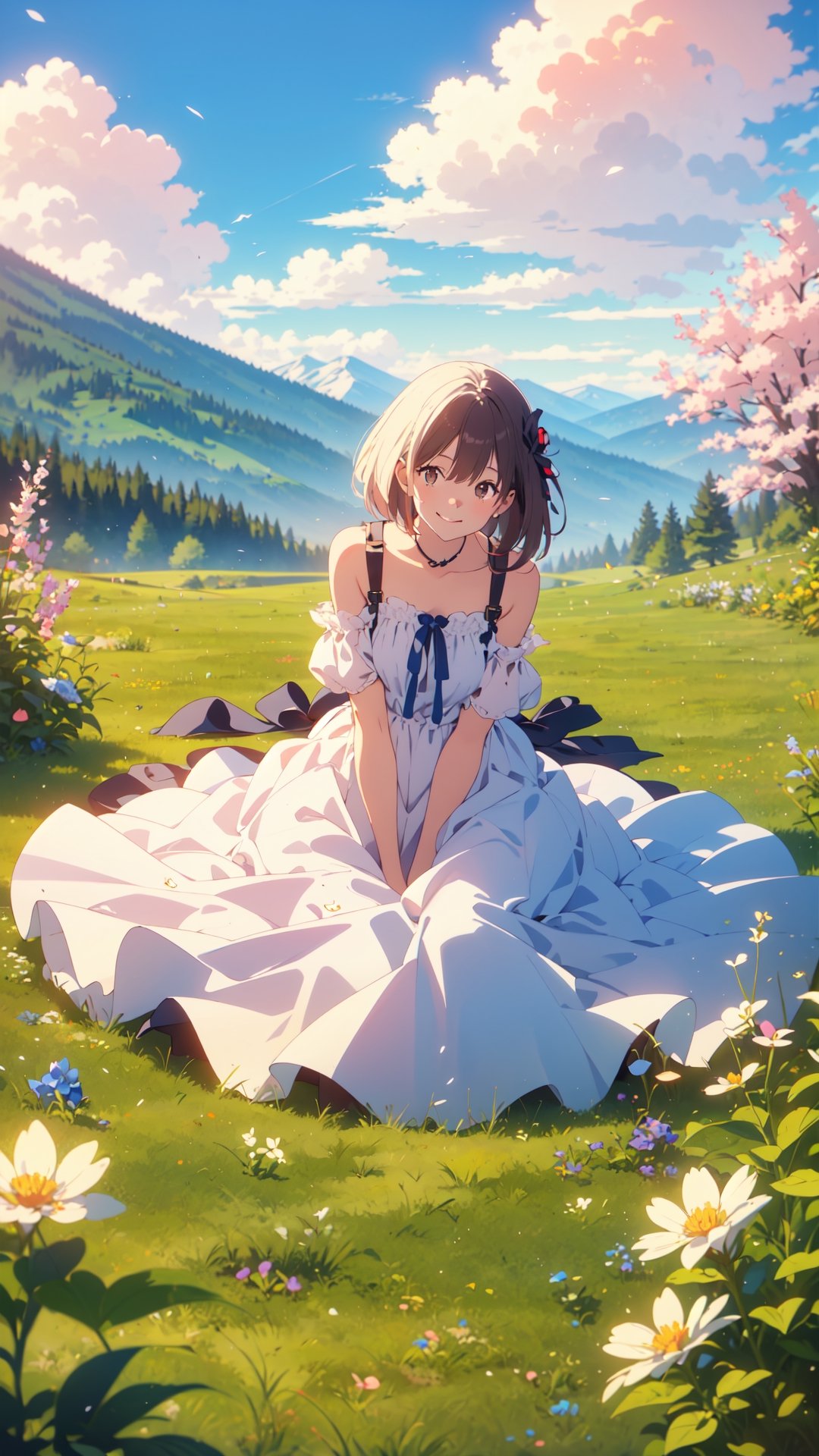 Under the blue sky, the young girl gracefully sat down on the lush grass.smile,The wind is blowing,A field of spring flowers,Far in the distance, the Alps mountain range is visible,The wind makes the hair flutter