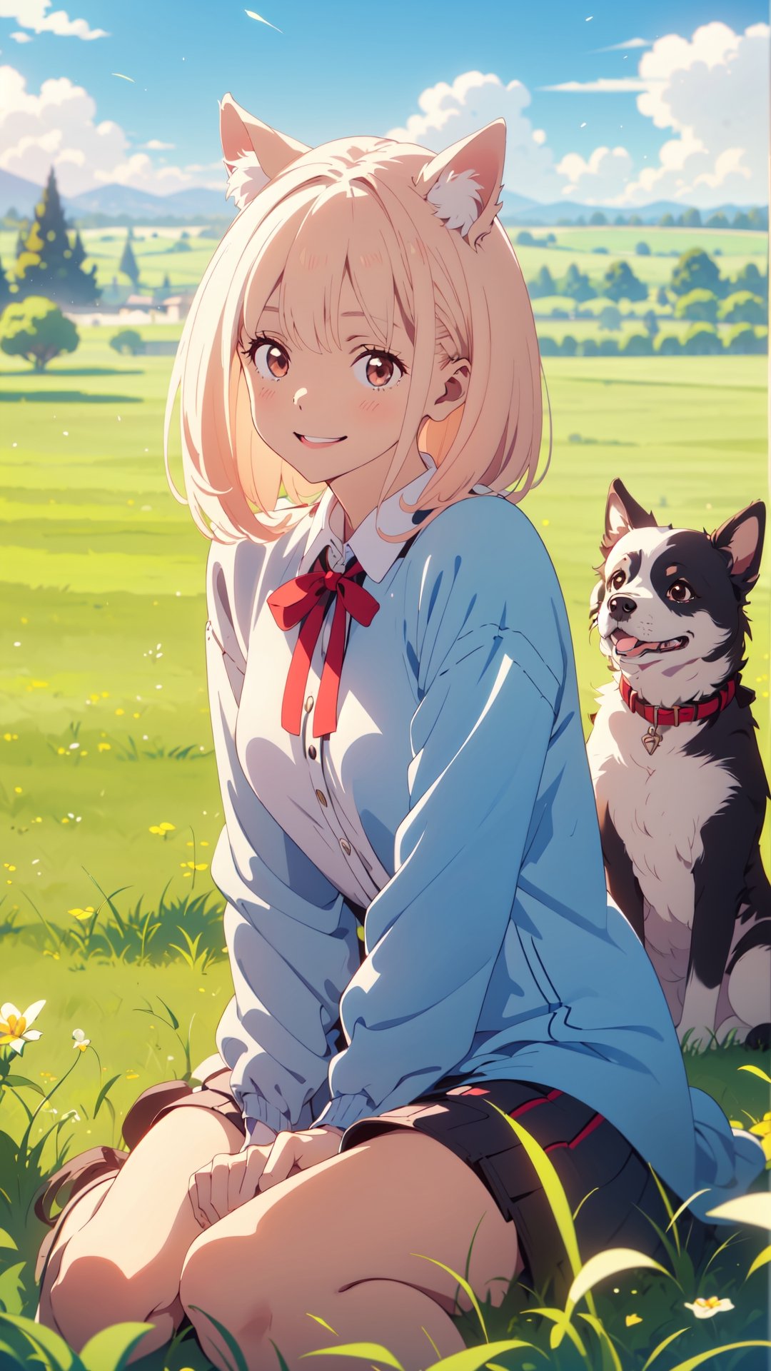 Under the blue sky, the young girl gracefully sat down on the lush grass, and the puppy faithfully nestled beside her. Her gaze toward the dog was filled with affection, a tender expression that spoke volumes of her love for the furry companion.smile,The wind is blowing