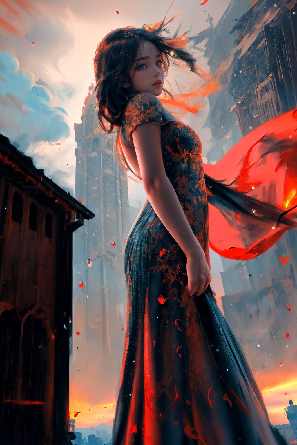 wide angle shot, masterpiece, centered, Best Quality, Ultra-detailed, fine detail, high resolution, 8K Wallpaper, Perfect dynamic composition, Natural Color Lip,(arabic dress),drawn action: (the girl must be in tower  :1.4),fiery atmosphere, fiery landscape, raining, 15 years old girl, long hair blown by wind, stern expression,1girl,Wlop