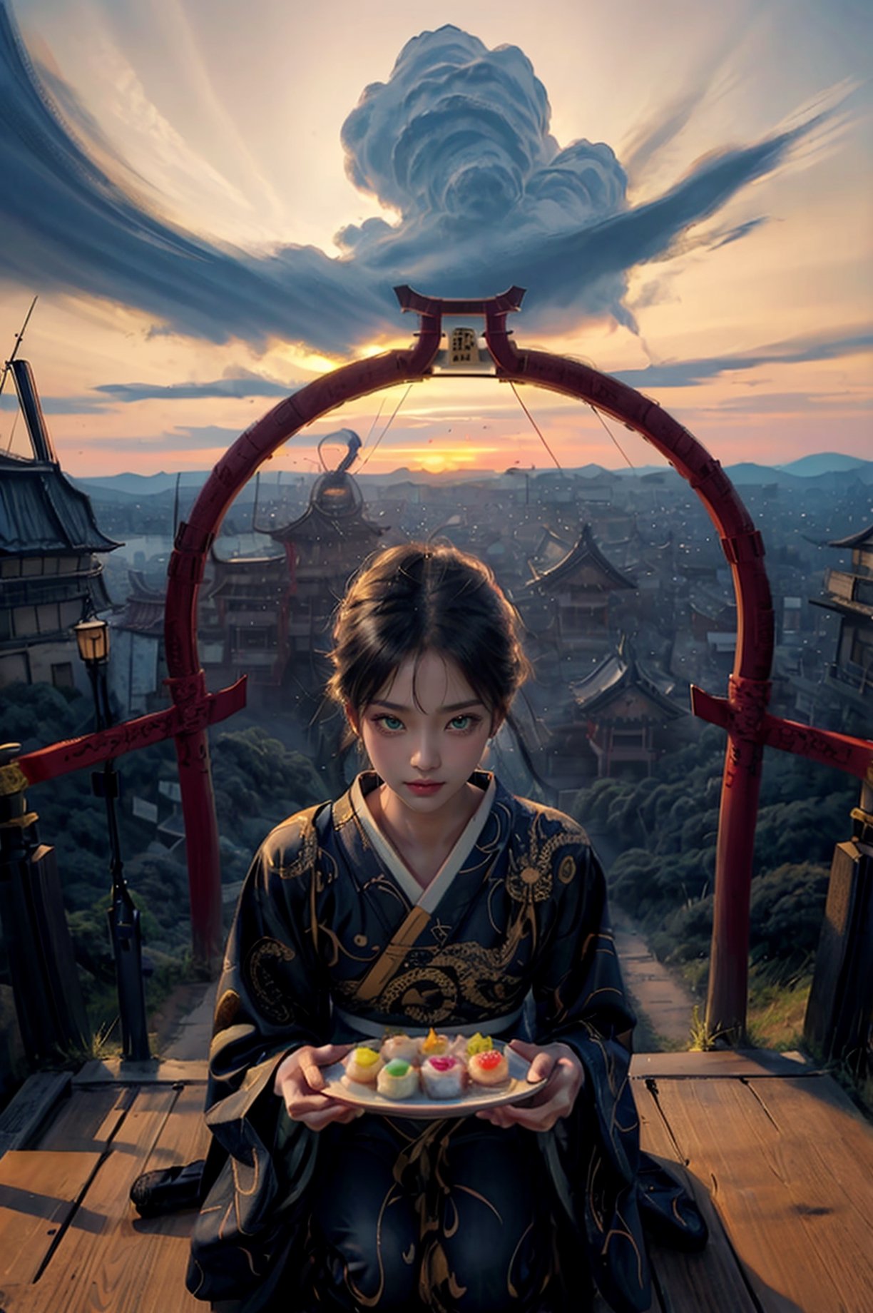 2girl,dragon flying,from above, Real lighting, (realistic:0.7), (3D:0.7), (solo:1.3),(Torii gate:1.3), (sheine background:1.3), Cloud cover, looking down,kimono,squatting,eating mochi,Embarrassed,Happy smile,first sunrise 