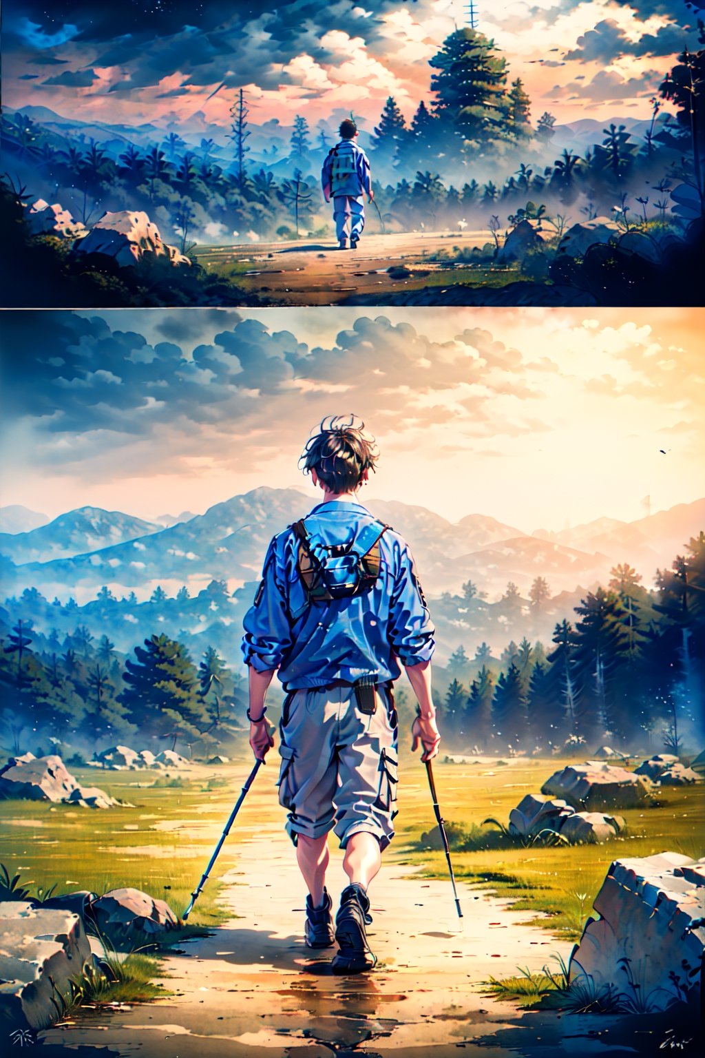 (Masterpiece), (hyper-realistic), (perfectly Detailed) image of the back of an astronout, 1boy, walking alone in an unknown and ancient landscape, full of bizzare yet fascinating flora and fauna. Even though hes alone but he still maintain his calm and keep walking forward. Artistic photography, absurdres, masterpiece 8K HDR quality image