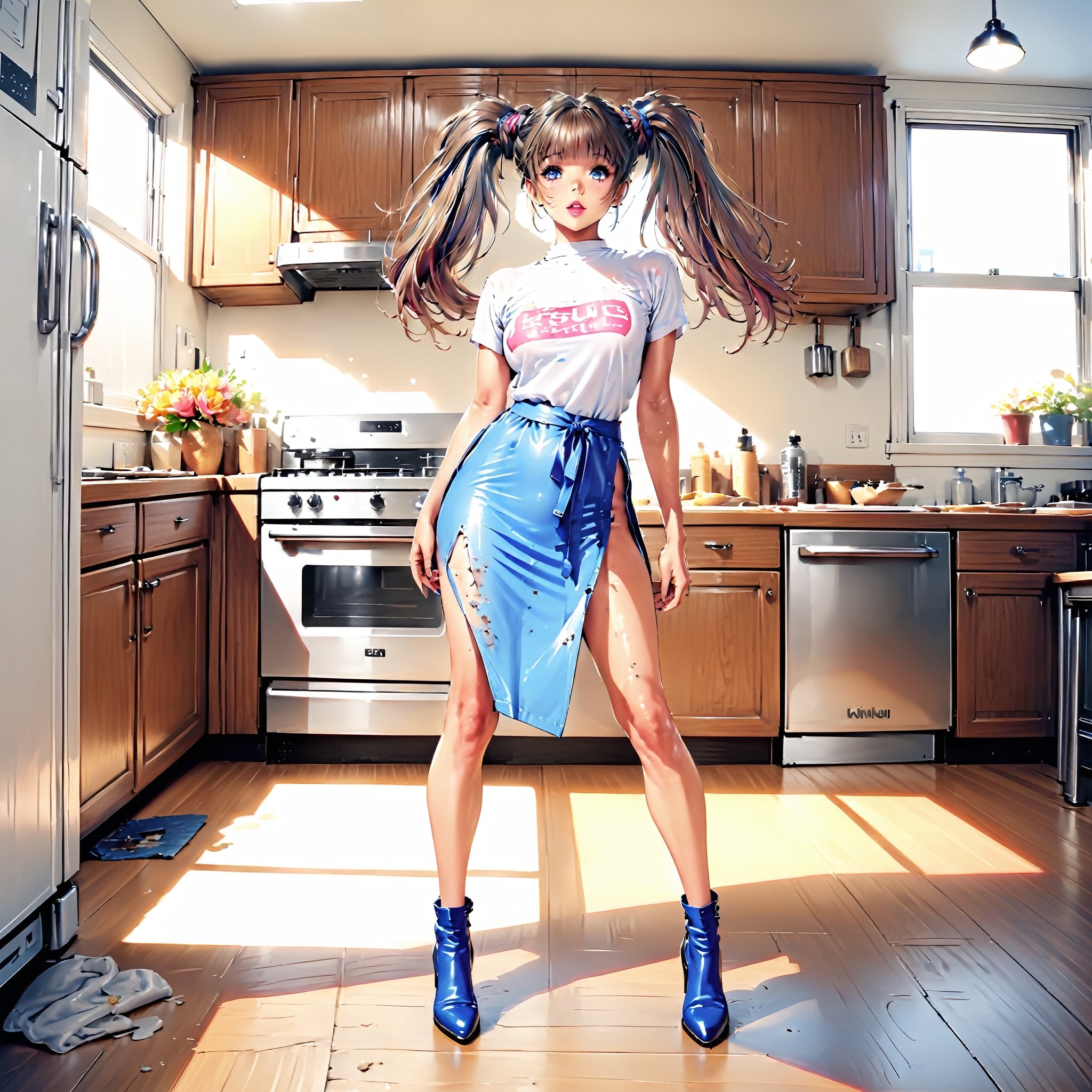 fashion magazine photo, full body, analog, stunning makeup, beautiful model, big breasts, slim figure, wearing dirty, tattered, high fashion clothes, vibrant color, posing in a kitchen, 80s easthetic, photorealistic, high detailed, Masterpiece,akinanakamori,twintails,flower,perfect light