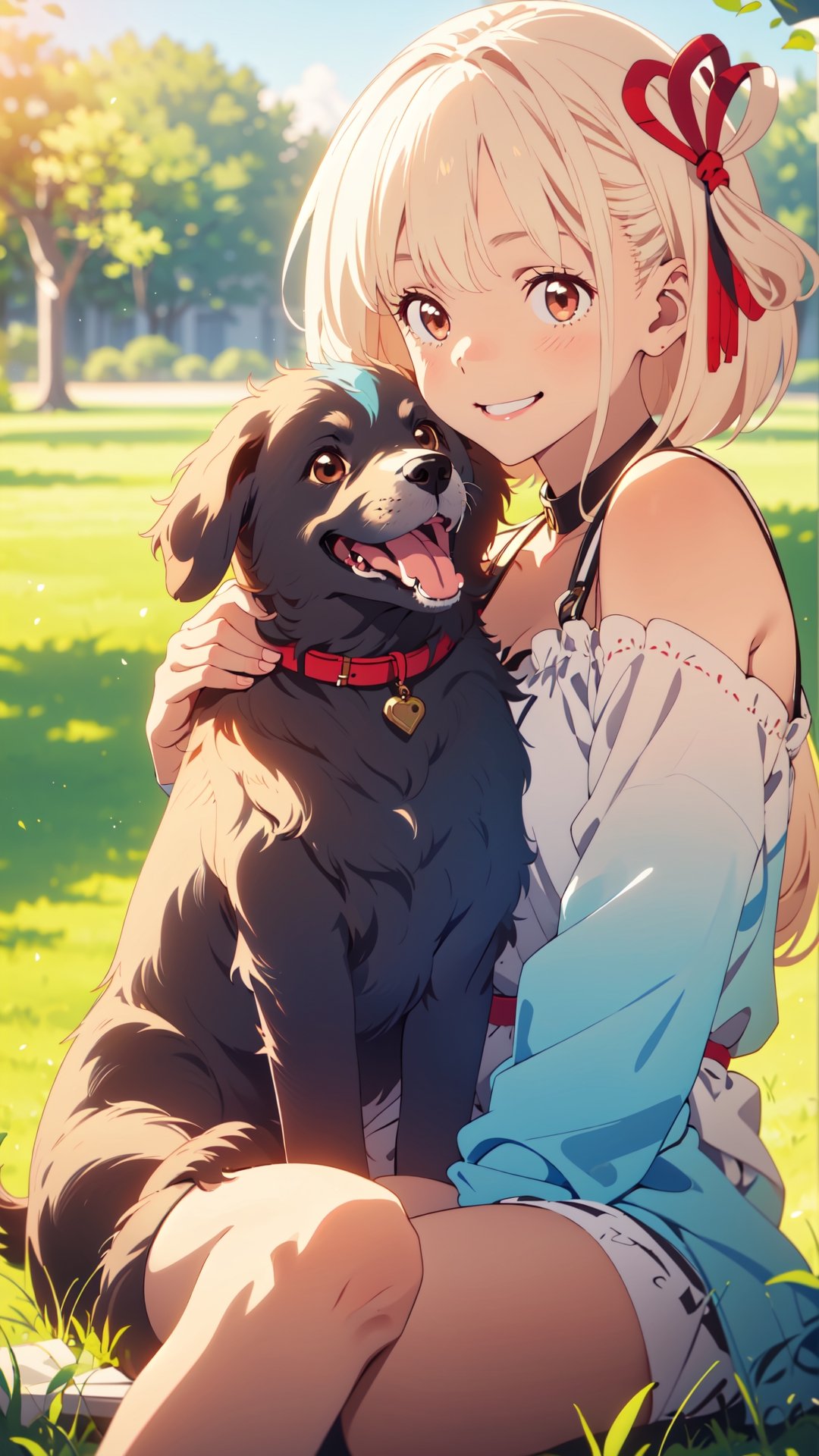 Under the blue sky, the young girl gracefully sat down on the lush grass, and the puppy faithfully nestled beside her. Her gaze toward the dog was filled with affection, a tender expression that spoke volumes of her love for the furry companion.smile,The wind is blowing