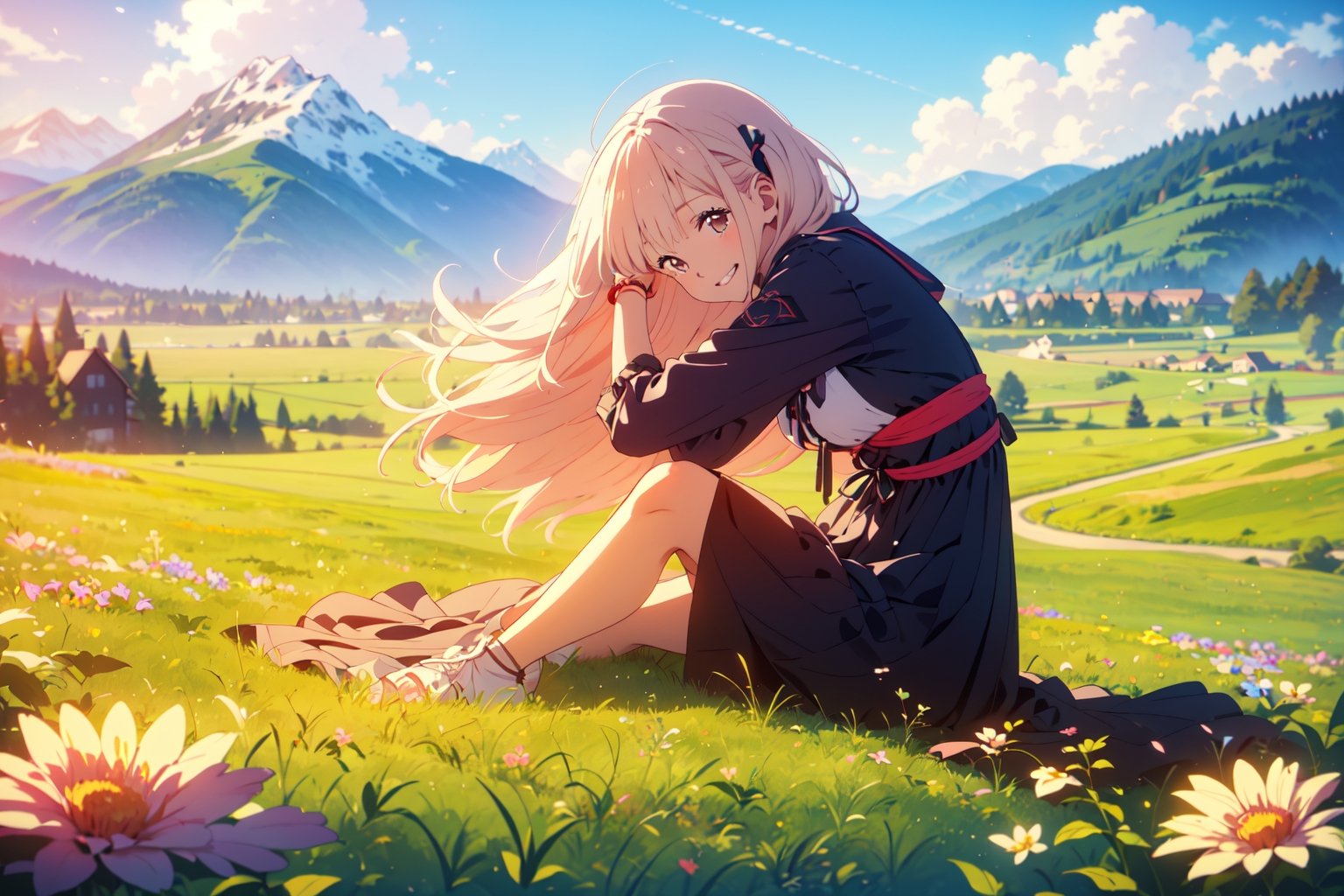 Under the blue sky, the young girl gracefully sat down on the lush grass.smile,The wind is blowing,A field of spring flowers,Far in the distance, the Alps mountain range is visible,The wind makes the hair flutter,masterpiece, best quality, ridiculous, highest quality, stunning details, 8k, aesthetic, hold down my hair blowing in the wind with my hand,