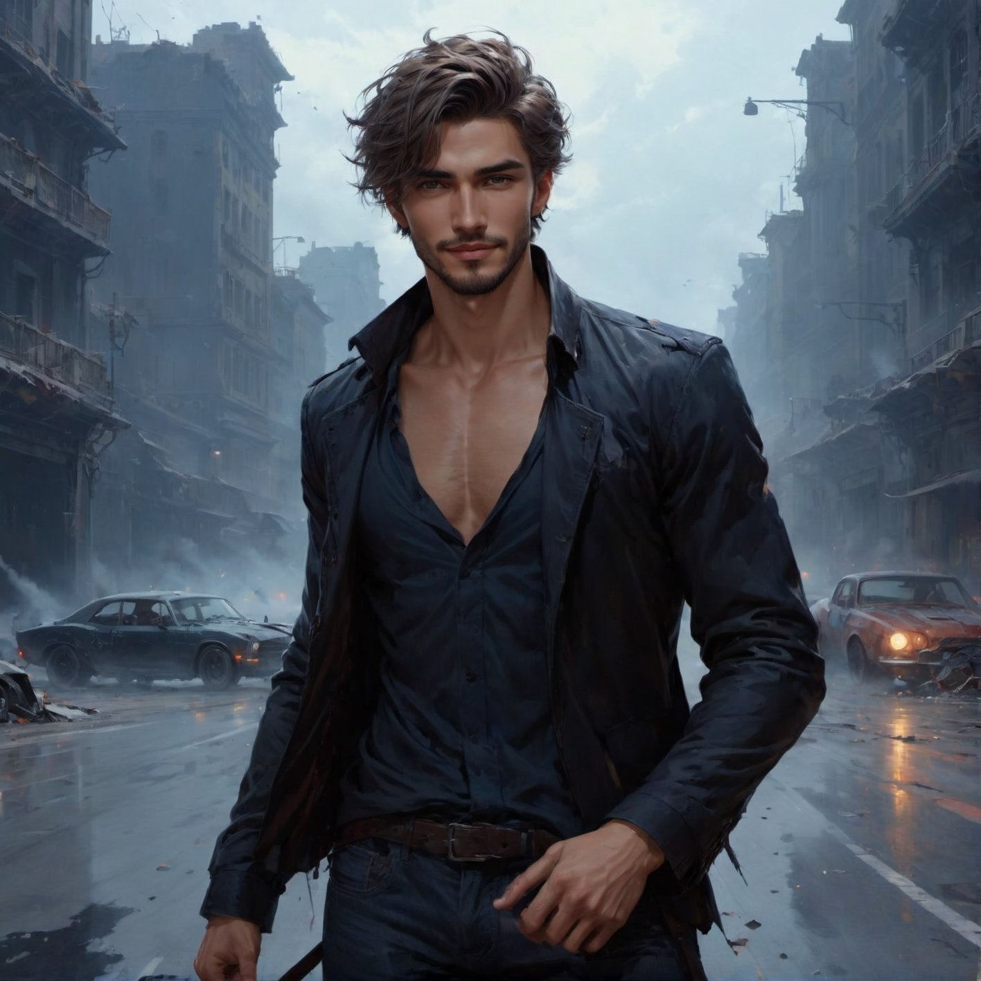 handsome guy, And smiling, Standing in the middle of a wide highway littered with abandoned cars, standing, tattered clothes, fantasy magic, undercut hairstyle, dark light night, intricate, elegant, sharp focus, illustration, highly detailed, digital painting, concept art, matte, art by wlop and artgerm and greg rutkowski and alphonse mucha, masterpiece, monster