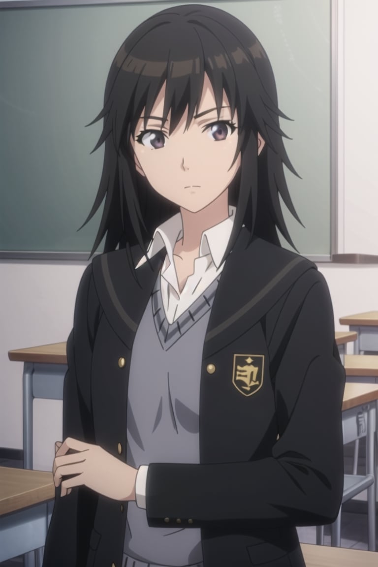 1girl, solo, kibito high school uniform, (mature female), jacket, long sleeves, standing, anime screencap, black socks, upper body, classroom, (facing viewer:1.2), (looking at viewer:1.2), miyamae tooru