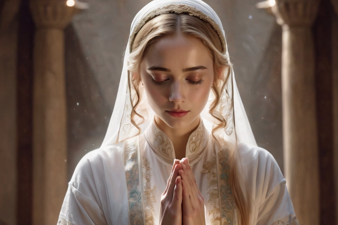 8k,masterpiece,lightened face,""A beautiful white woman in her early twenties, with a fair, porcelain complexion and delicate, petite facial features, conveys a sense of tranquility as she stands with her hands together in prayer, focusing on the upper half of her body. with spiritual background