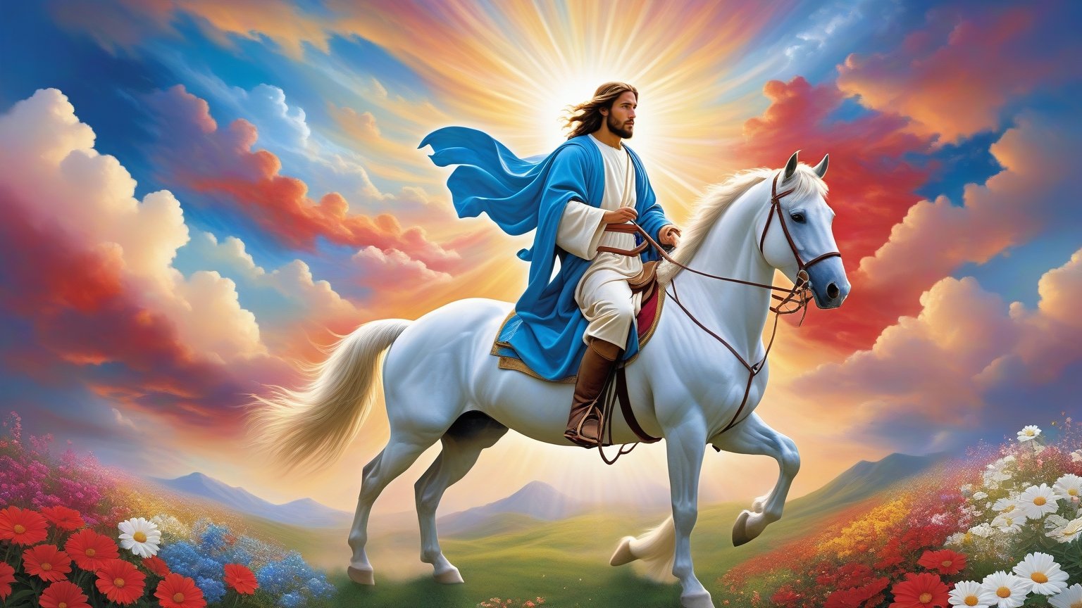 A celestial digital art composition depicting Young handsome Jesus in blue and white clothes riding a red horse in  Colorful auspicious clouds approaching from distance to me, Jesus is as a radiant figure in the sky in the breathtaking beauty of The Celestial Garden, with flowers of every imaginable color radiating light. Celestial Garden and digital art; Digital art, celestial; Vibrant colors, radiant figure; Breathtaking, divine, ethereal, high resolution; by Greg Olsen, Danny Hahlbohm, and Akiane Kramarik.

