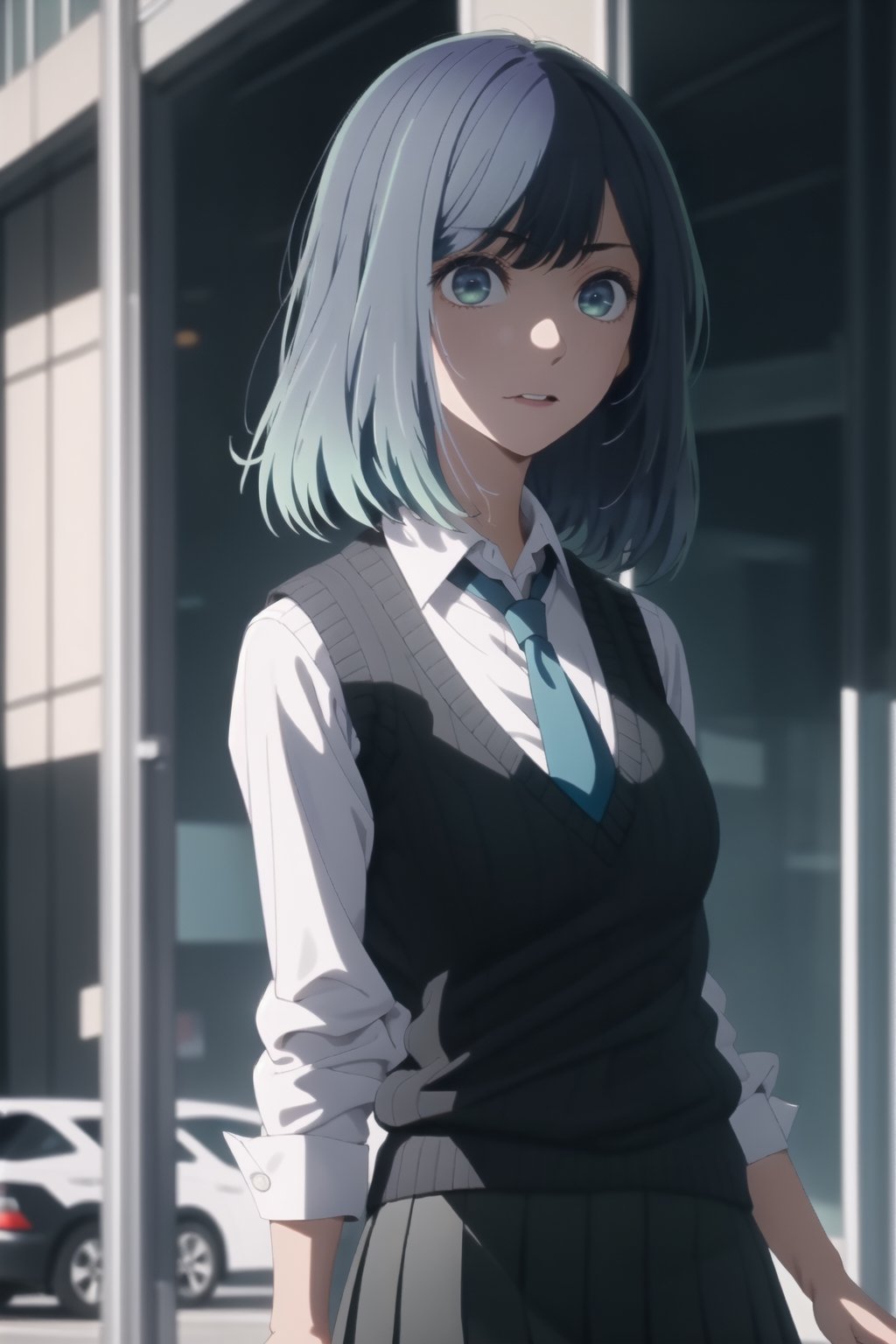 masterpiece, high quality, 8k, beautiful lighting, 1girl, solo, green eyes, medium_hair, profile, gradient hair, white shirt, sweater vest, black vest, blue necktie, grey skirt, outdoors, upper body, looking at viewer, anime, blue hair, city, dynamic angle 