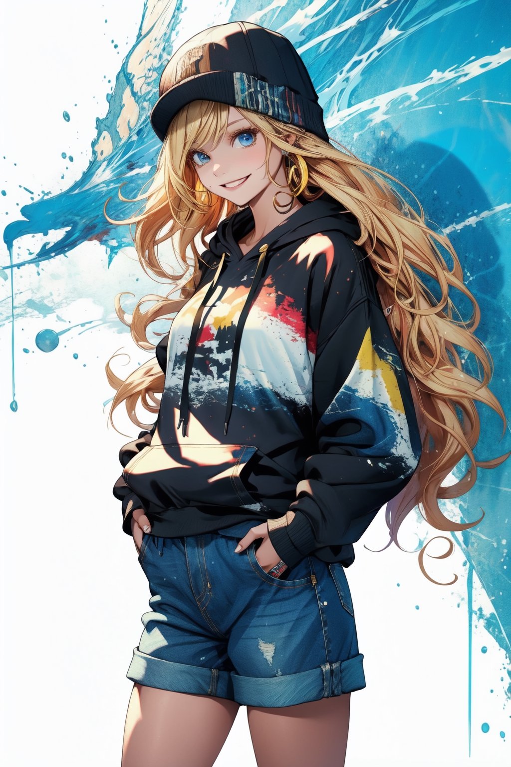 masterpiece, best quality, highres, 1girl very long hair blonde hair curly hair  black hoodie, denim shorts, smile, hands in pockets