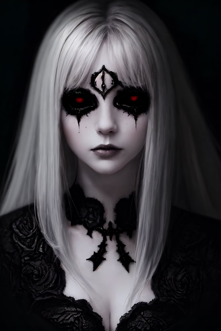 master piece, HD, ultra detailled, high definition, high_res, high_resolution, portrait, woman, empty eyes, looking_at_viewer, black_sclera, dark room,fantasy00d,Completely_black_eyes