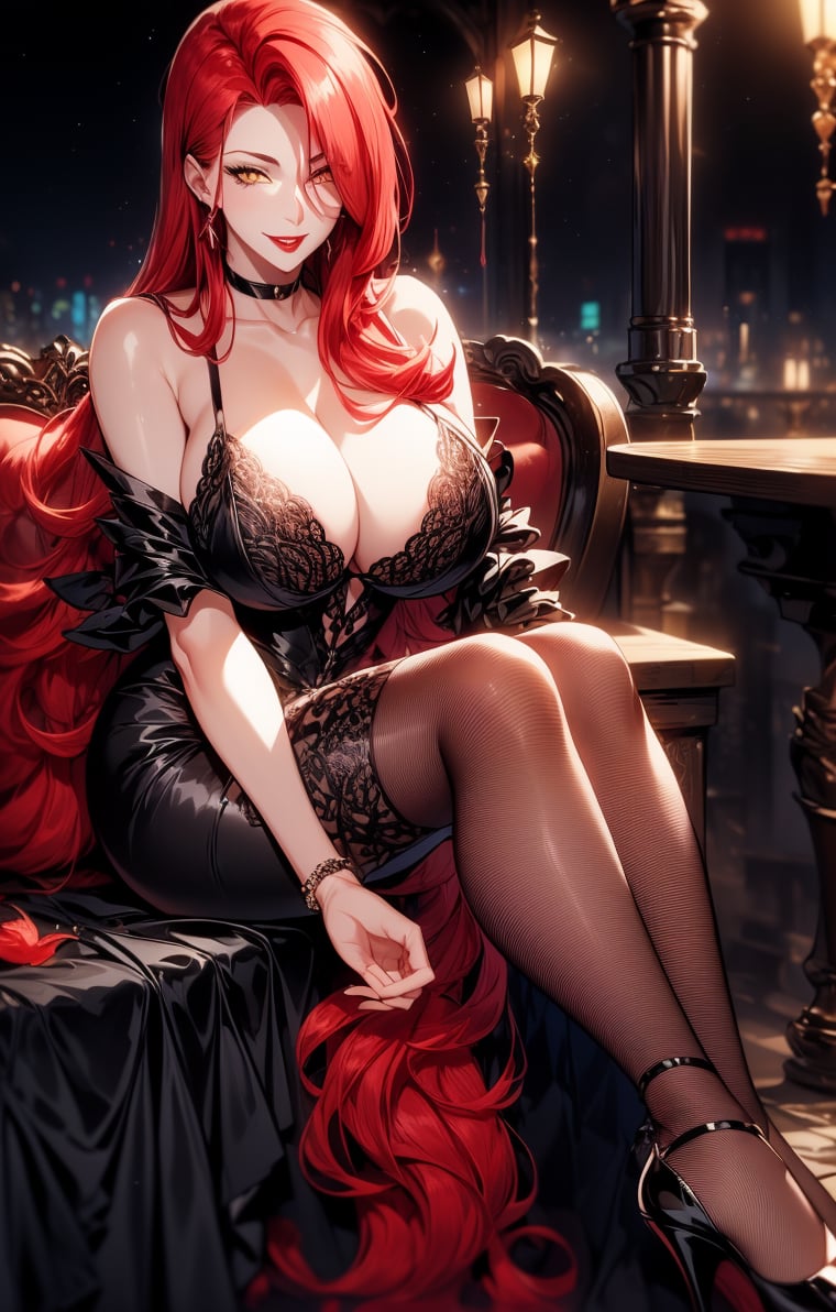 (((night background))), (night), (((red hair:1.3))), (longhairstyle:1.4), (curly_hair 1.3), ((yellow eyes)), ((1 mature woman:1.3)), (busty), large breasts, best quality, extremely detailed, HD, 8k, (malicious smile), (sexy eyes),(red lips), sfw, (red fishnet dress)